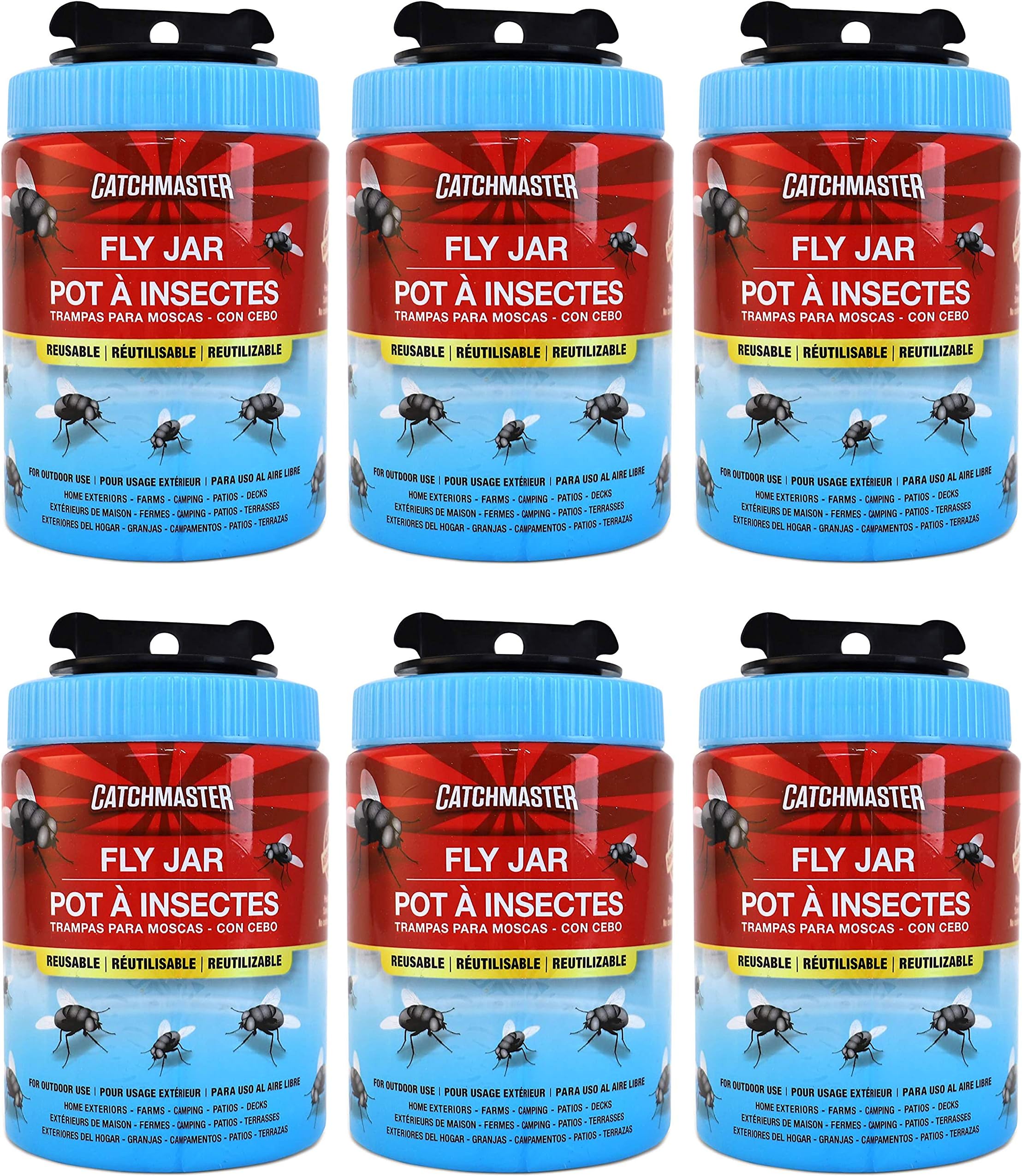 Reusable Trap Fly Jar by Catchmaster - 6 Count, Ready to Use Outdoors. Flying Insect BugTrap, Water Soluble Attract Attractant Scent. Blowfly Trap Captures Hundreds of Common Flies - Made in The USA