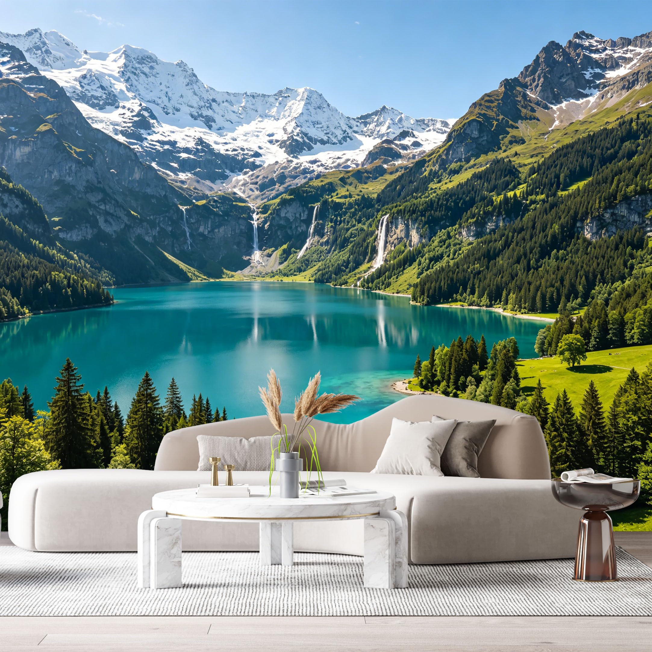 Custom Size Wall Murals Alpine Lake Mountain Landscape Waterfall Pine Forest 3D SelfAdhesive Wall Fabric Removable Large Wallpaper for Photo Living Room