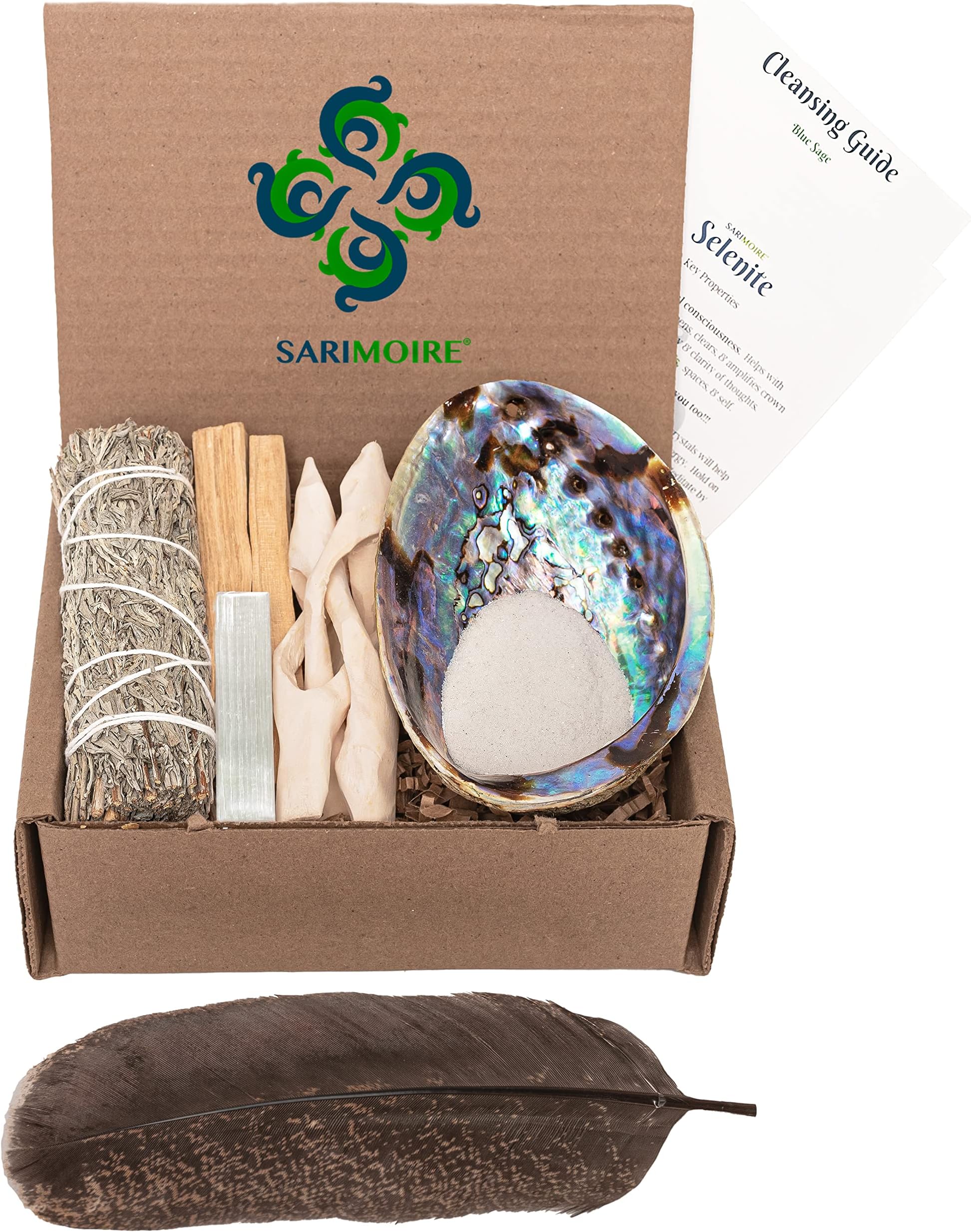 – Sage Kit - Blue Sage Smudge Stick ~ Abalone Shell for Smudging ~ Palo Santo Sticks ~ 2 inchTripod Stand ~ 8 inch Feather and White Sand