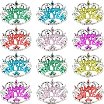 12 Pieces Happy New Year Headband Crown New Years Eve Hats Tiara for Girls Princess New Year Party Favor Headwear