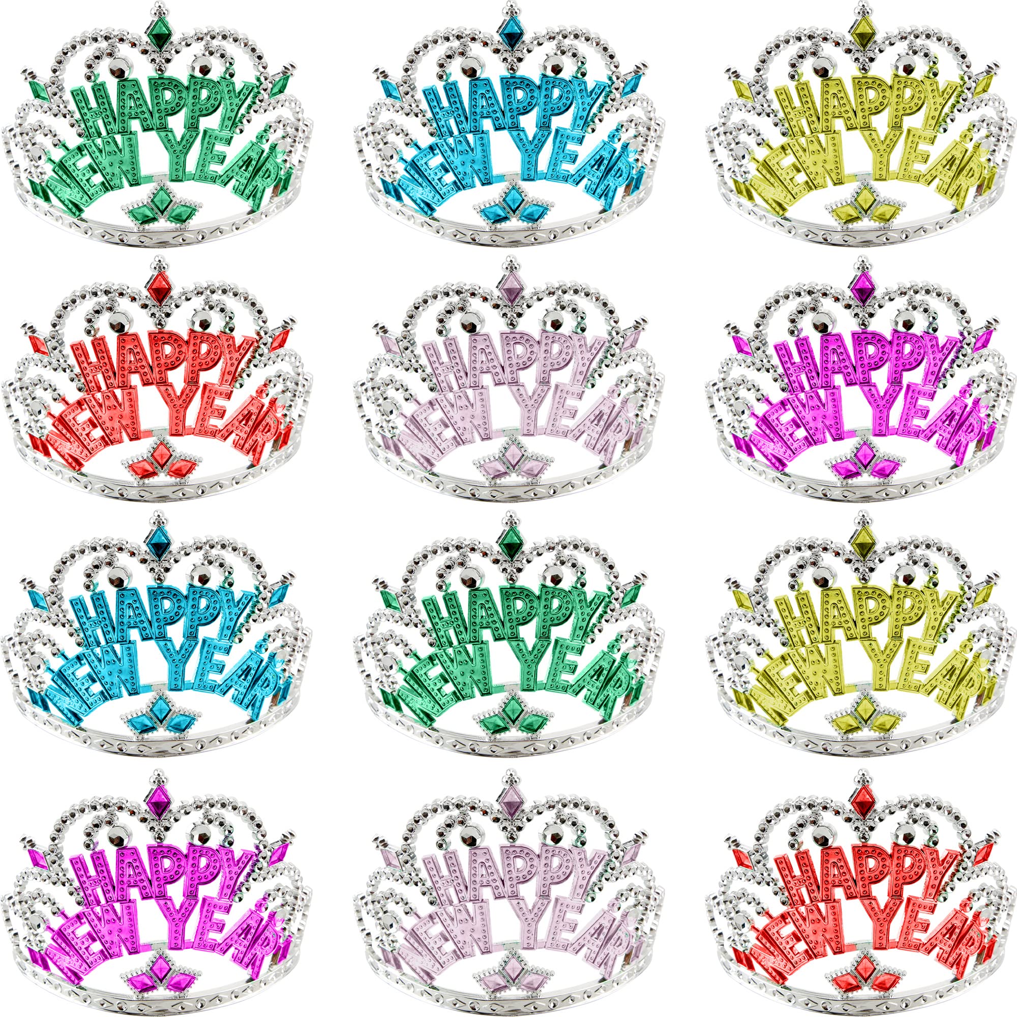 Rcanedny 12 Pcs Happy New Year Crown Tiara with Jewels Princess Hair Clips for Girls New Year Party Favor Headwear