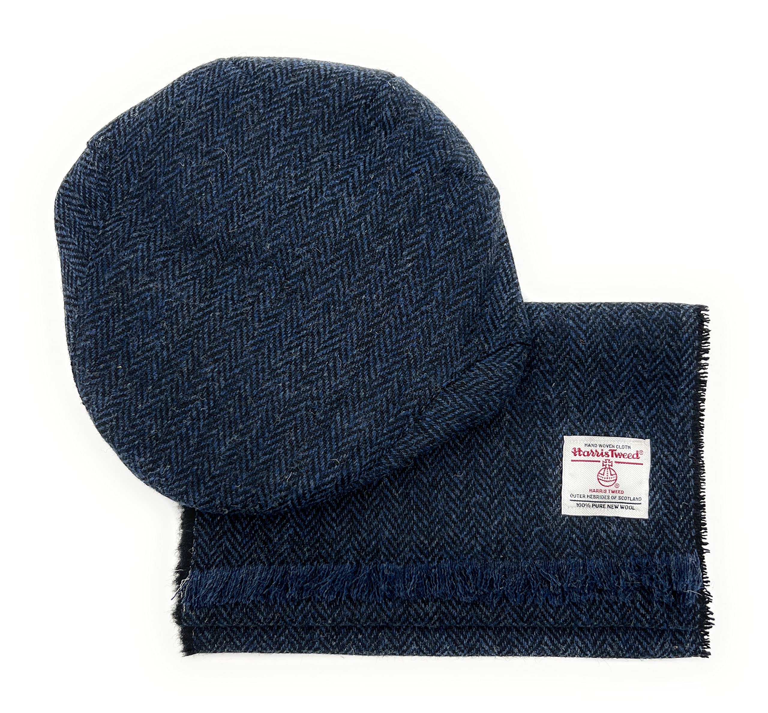 Tartan Tweeds Unisex Navy Herringbone Harris Tweed Hat & Fringed Scarf Set Hand Made In Scotland (Navy Herringbone)