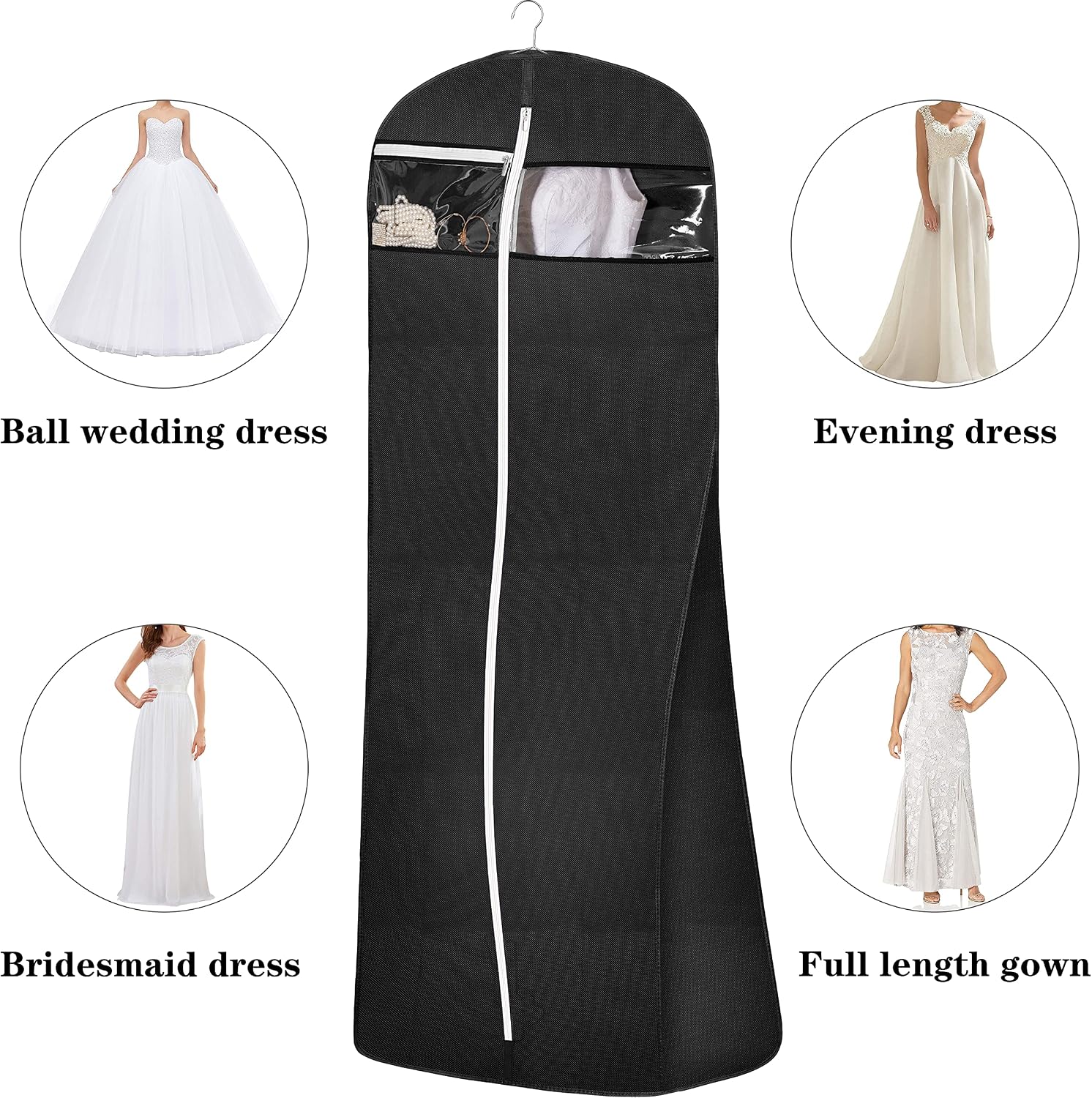 MISSLO 70" Bridal Wedding Gown Dress Garment Bag with Accessories Pouch Large Travel Garment Cover 8" Gusset (Black)