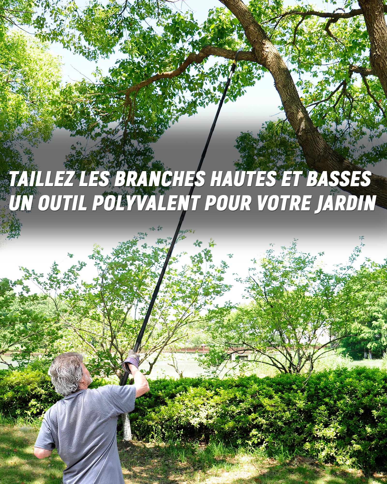Scie à branches sur perche 4,3 m, scie d’élagage manuelle légère avec manche rallonge en acier inoxydable et lame tranchante, pour couper les branches d’arbres, travaux forestiers, jardin et extérieur
