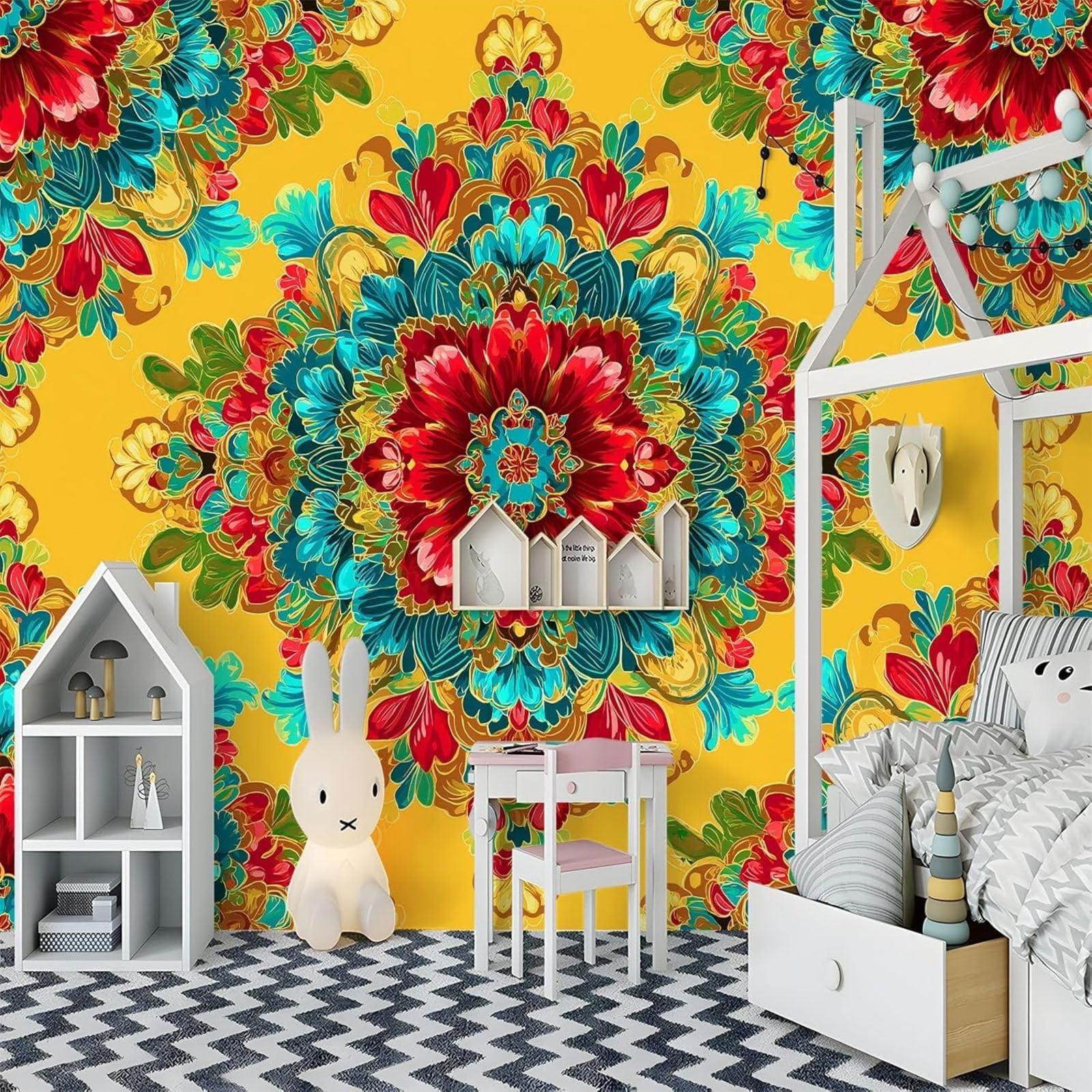 Non-woven wallpaper Bohemia photo wallpaper classic retro floral yellow, modern wall decoration art print for living room, office, bedroom & children's room, 250cm x 175cm stickers - frameless paintin