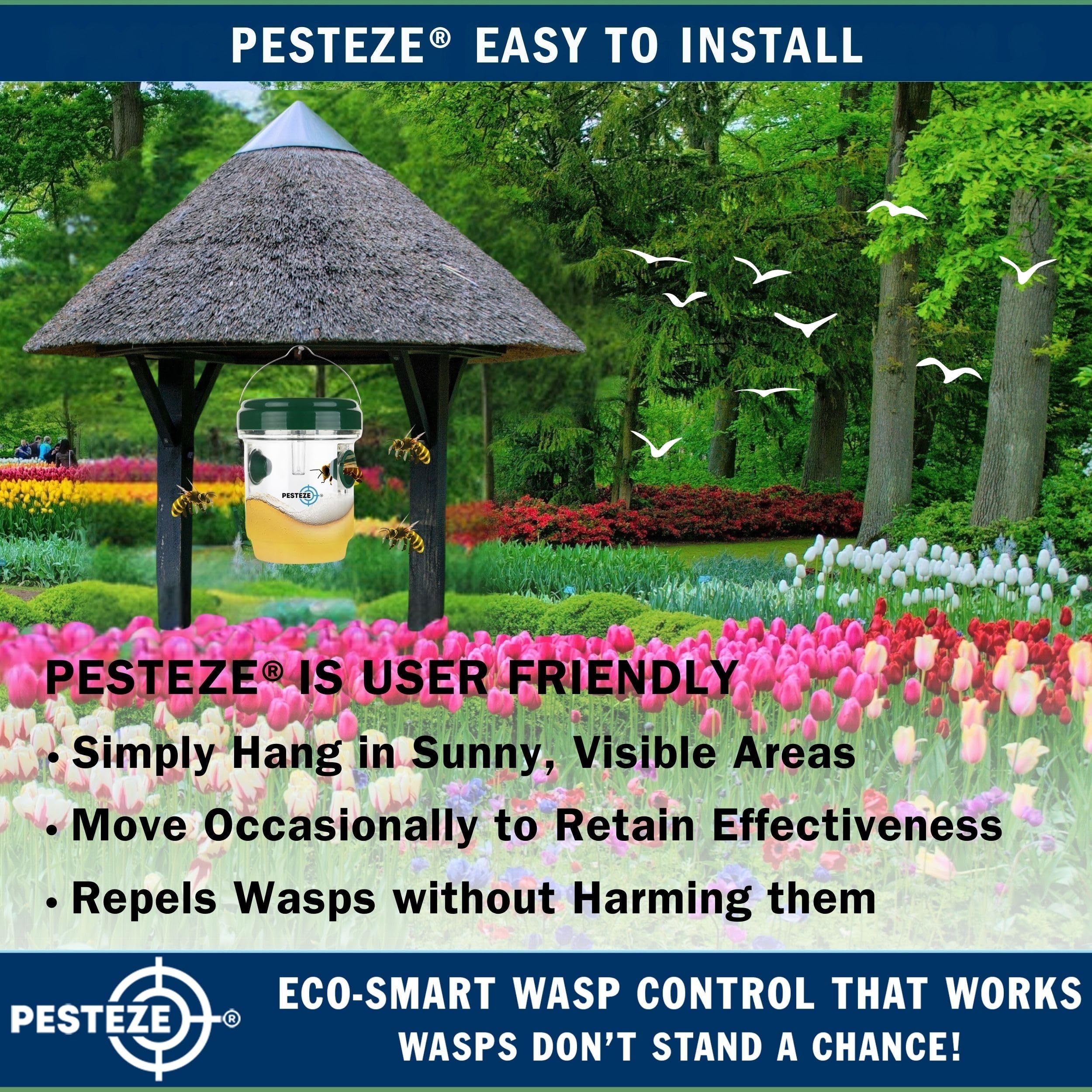 PESTEZE - Confezione da 2 trappole riutilizzabili per vespe a energia solare, con luce LED, 8,9 x 11,1 cm, attirano, catturano vespe, calabroni, giacca gialla e specie di insetti 24/7. Impermeabile e