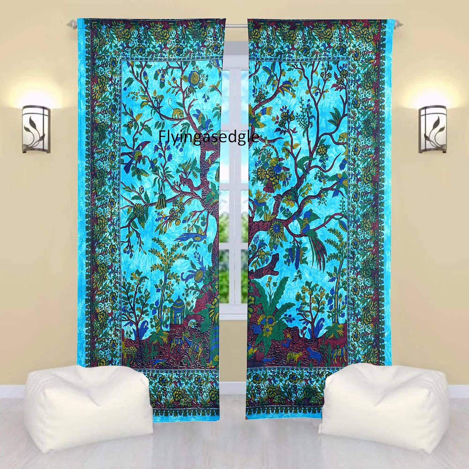 Indian Mandala Curtain Balcony Sheer Room Divider Living Room Bohemian Decor Light-Filtering Blackout Gypsy Door Curtain (82x41 Inches, Turquies T.L)