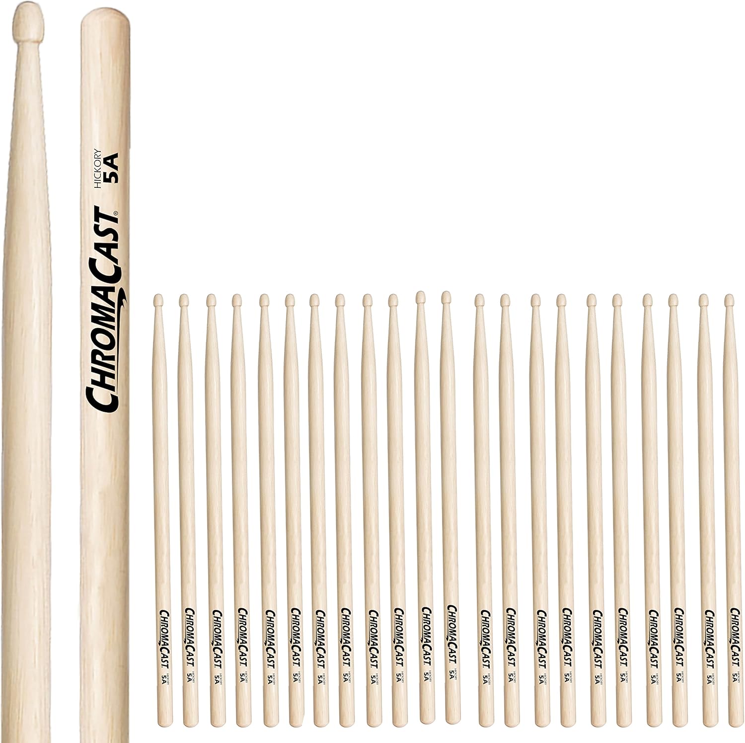 ChromaCast 5A USA Made Hickory Drumsticks Pair - Wood Tipped - Drum Sticks Tour Tested by Pro Drummers - Real American Hickory Wood