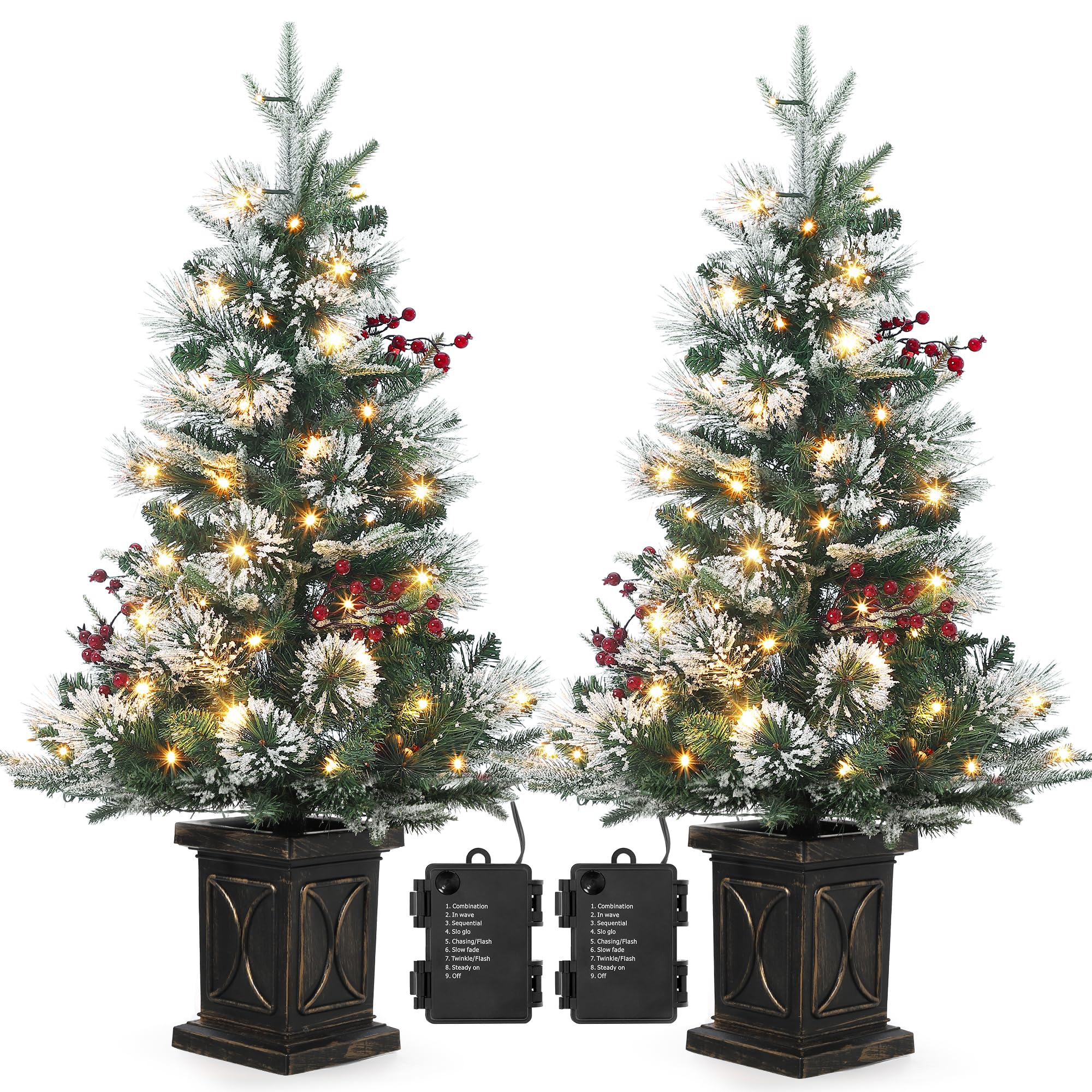 2PCS Weihnachtsbaum Künstlich 90 cm mit 78 Beleuchtung, Snow Flocked Künstlicher Weihnachtsbaum Batteriebetrieben Pre-lit Premium mit roten Beeren Weihnachten deko für Zuhause, Büro, Vintage Topfbasis