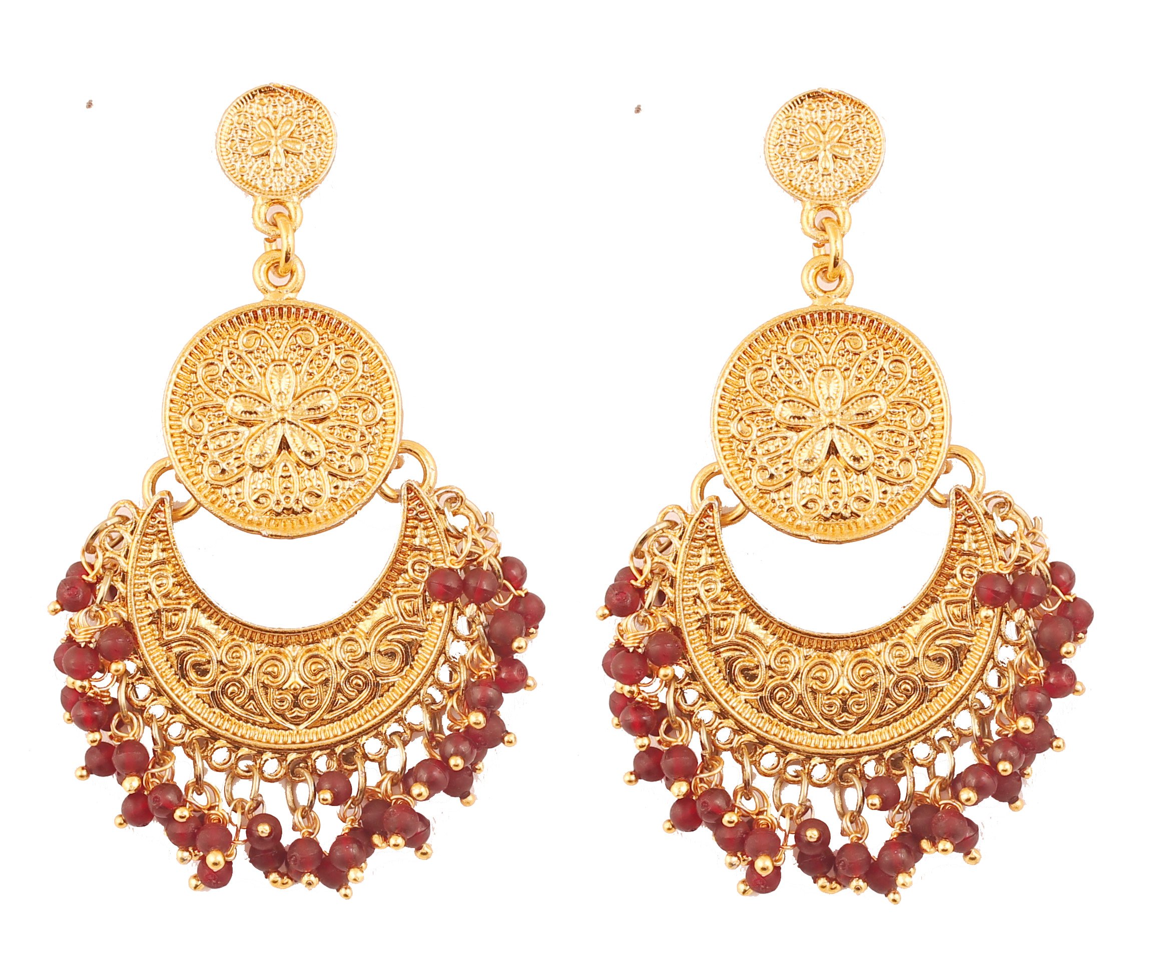NEW! Touchstone Indian Bollywood Finely Hammered And Embossed Traditional Red Beads Charming Look Dangling Chand Baali Half Moon Motif Designer Jewelry Earrings In Antique Gold Tone For Women.