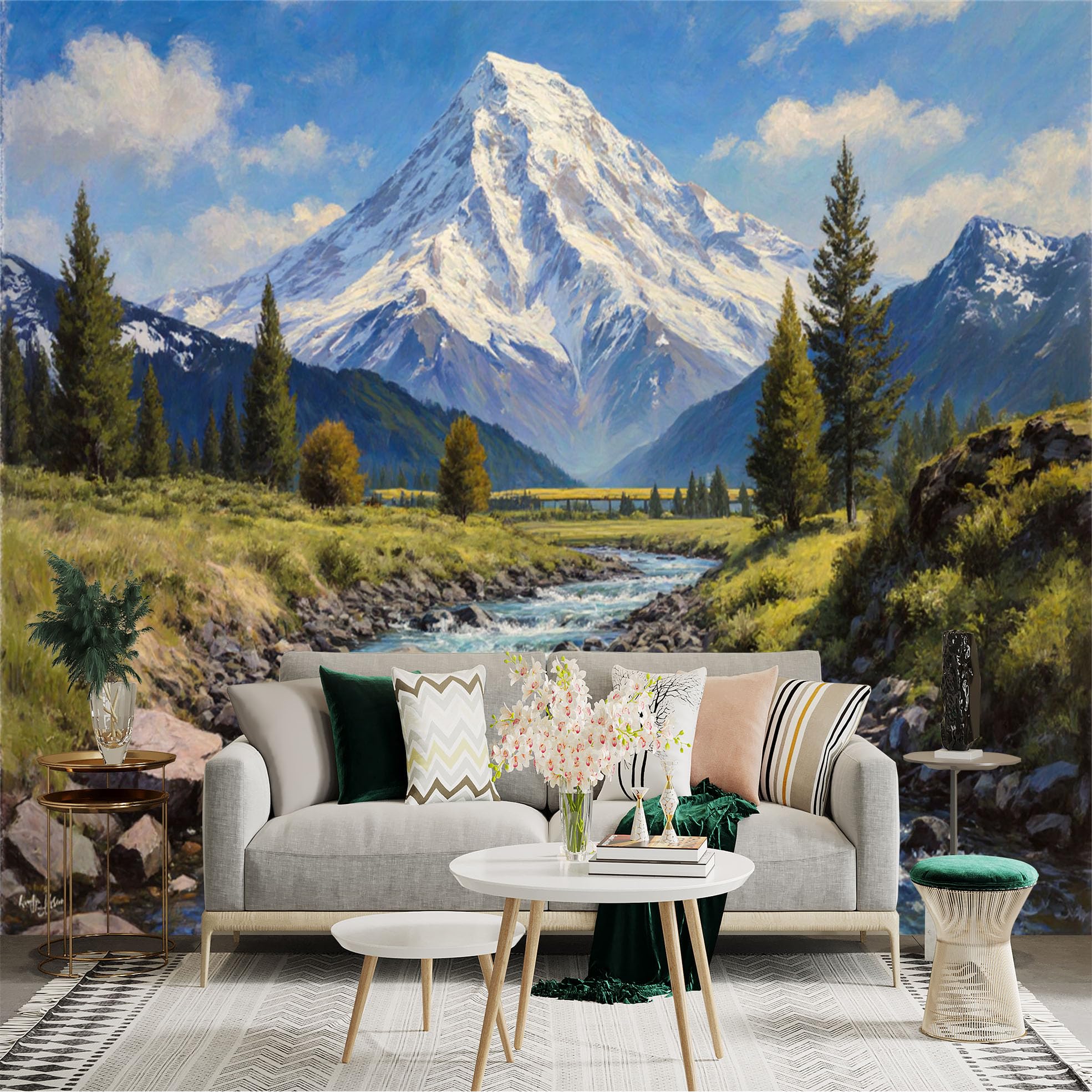 Lnzczhyre Xc260505209 Custom Size Wall Sticker Mural， Majestic Snowcapped Mountain Peak， Flowing River Stream， Lush Green Valley， Scenic Nature Landscape， For Wall Decoration， Peelandstick Wall Decals.