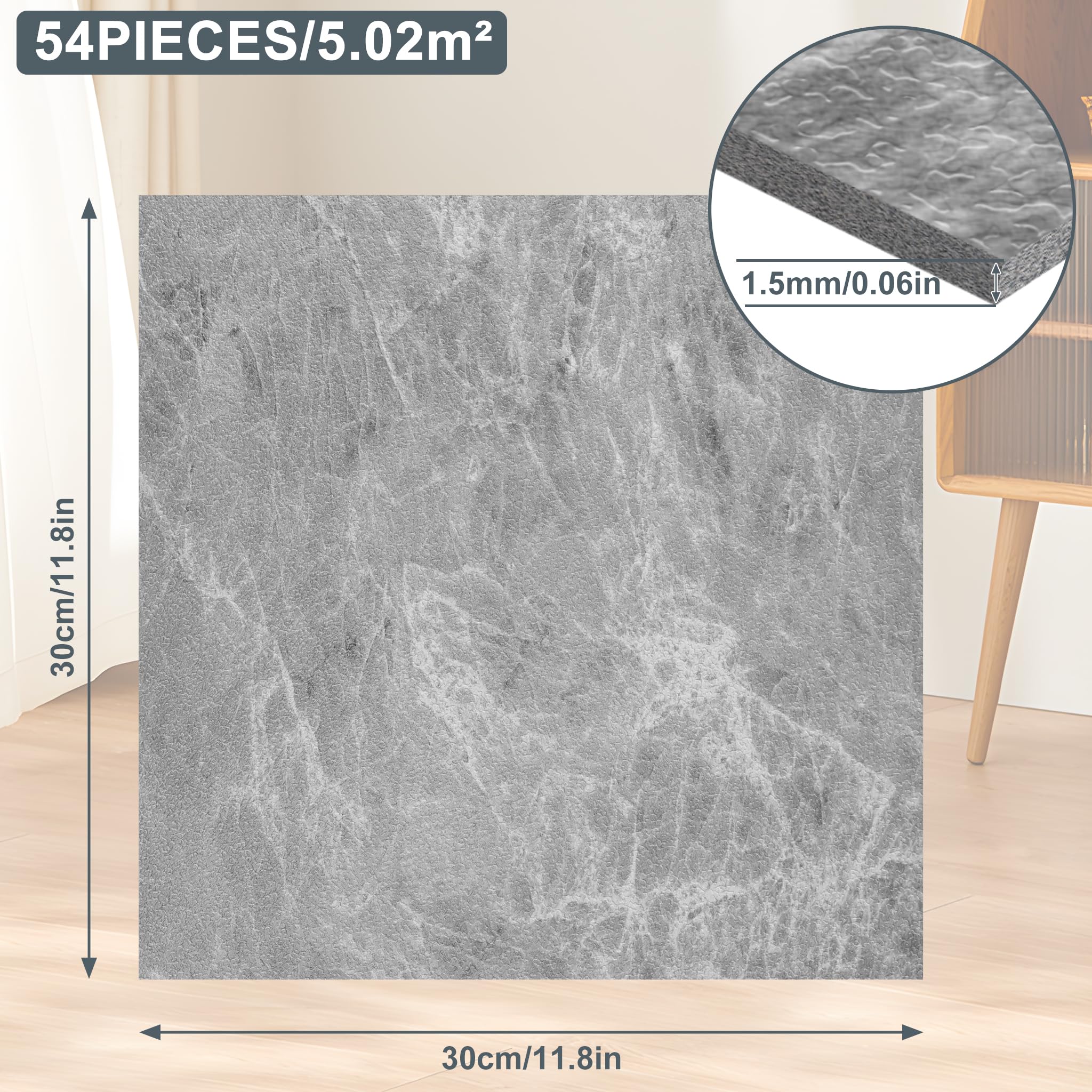 YRHome - Lote de 54 baldosas de PVC autoadhesivas, 5,02 m², 30 x 30 cm, suelo de vinilo laminado impermeable y antideslizante, azulejos decorativos, aspecto de baldosas, roble gris