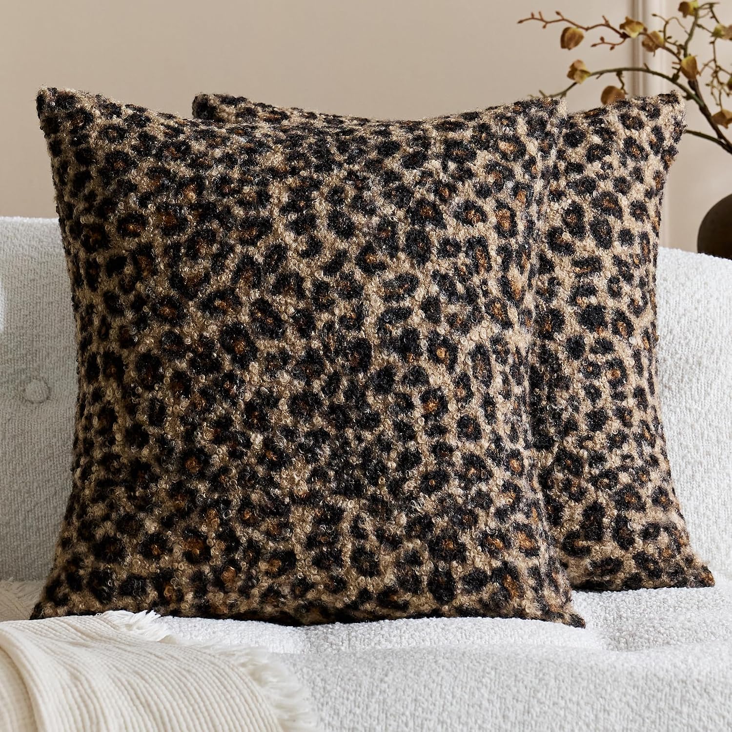 KINDREX Leopard Print Boucle Pillow Covers 18x18 Set of 2, Cloud-Like Soft & Fluffy Cheetah Cushion Cases, Eye-Catching Decor for Living Room Sofa Bedroom Decor
