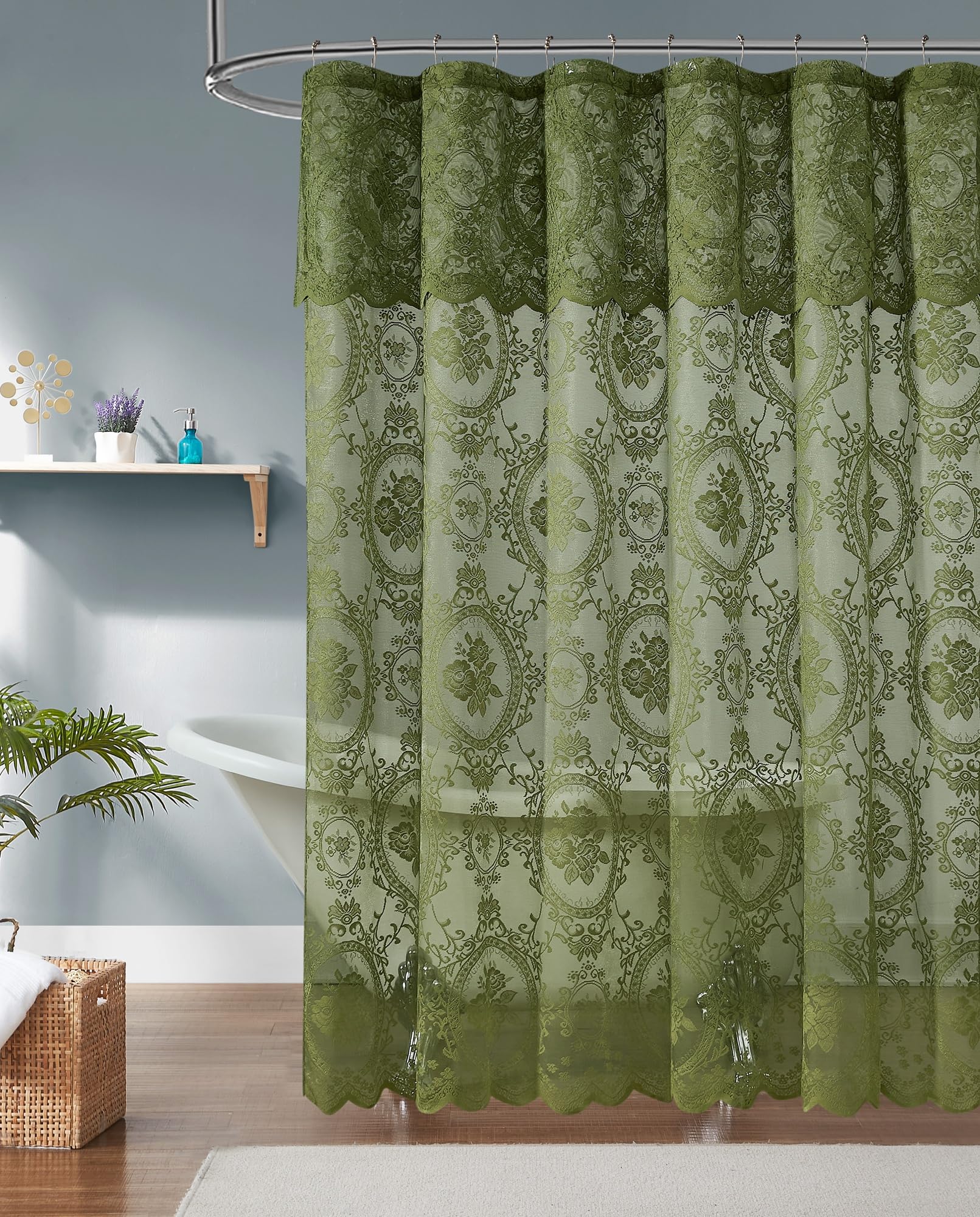 NOIR GOTHIC DECOR Green Sage Lace Shower Curtain with Matching Valance. 72 Inch Gothic Shower Curtain Perfect for Goth Bathroom Decor. Goth Shower Drape or Vintage Bath Curtain. SH Sage 72