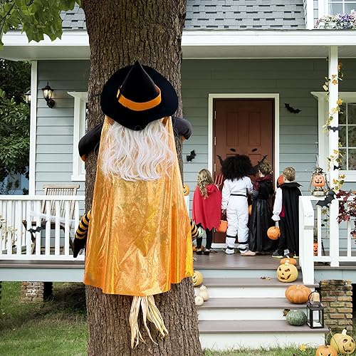 Miniatura 8 de Giiffu Decoración de Halloween de bruja de 53 pulgadas para exteriores  Bruja voladora golpeando árbol de otoño decoración de patio para porche