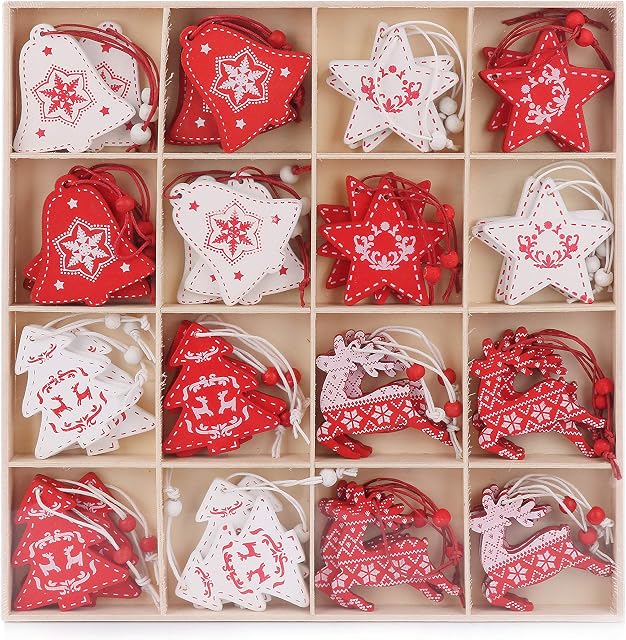 Wooden Christmas Tree Decorations - 48 Pieces - Stars, Reindeer, Christmas Trees & Bells