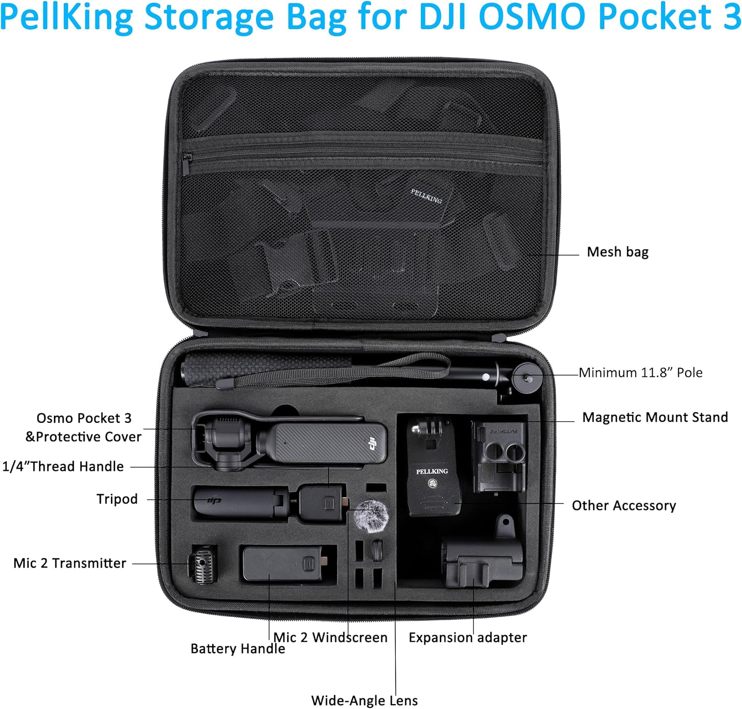 PellKing Case for DJI Osmo Pocket 3 Creator Combo Accessories - Large Portable Customized Hard Shell Travel Storage Bag with Detachable Strap, EVA Compartments, Non-Slip Handle