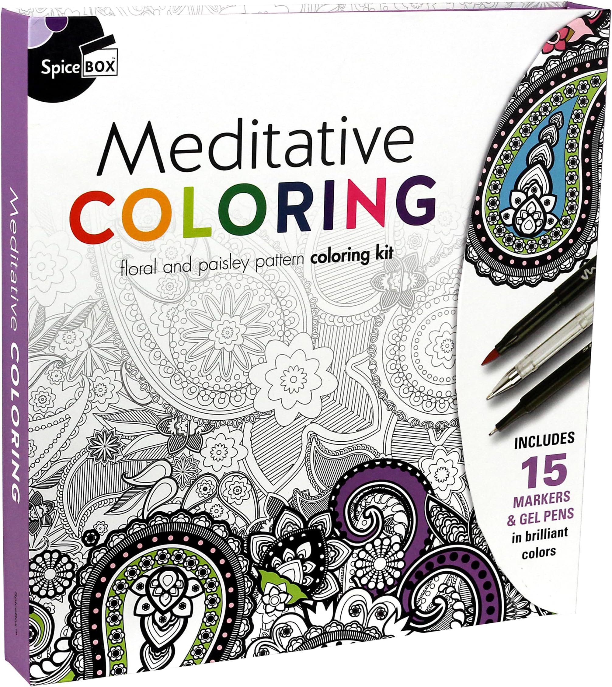 SpiceBox Meditation Paisley and Floral Coloring Book Set, Calming Relaxing Mindfulness Meditative Kit with Markers and Gel Pens, Art Craft Hobby Kits for Adults
