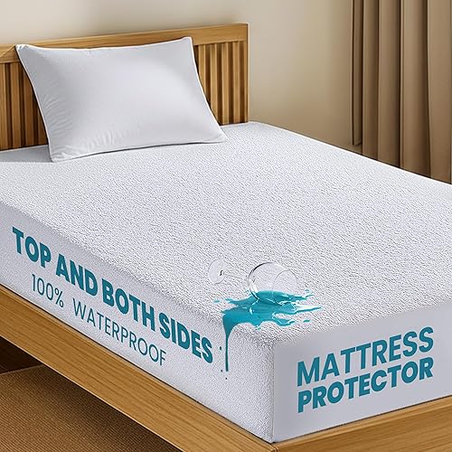 Utopia Bedding Protector de colchón de doble cara con parte superior de rizo impermeable y paneles laterales tamaño individual XL, funda de colchón