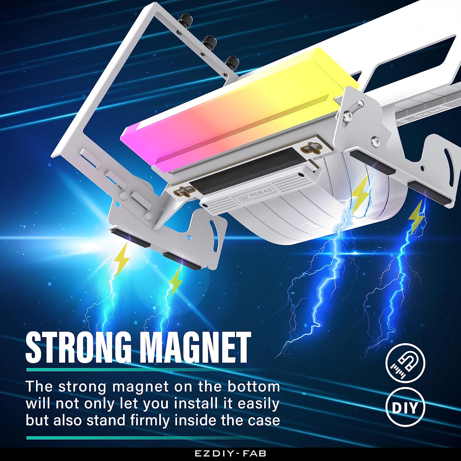 EZDIY-FAB PCIe 4.0 GPU Mount Bracket with ARGB LED Module, Multi-Angle Adjustment with All White Riser Cable, Compatible to RTX4090, 4080, 4070ti - White