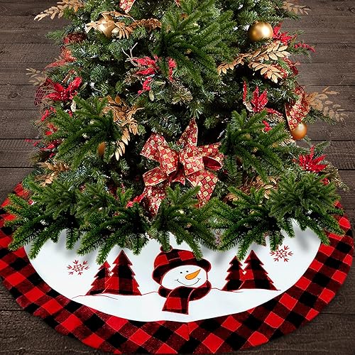 Falda de árbol de Navidad a cuadros de 36 pulgadas con patrón de muñeco de nieve, base de árbol de Navidad a cuadros rojos y negros pastorales