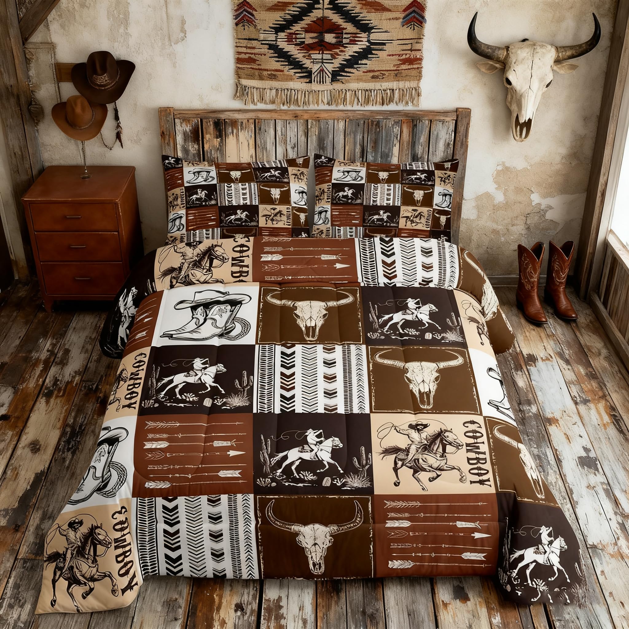 Western Comforter Set King Size,Southwestern Aztec Country Horse Bedding Set 2pcs,Cowboy Rustic Ranch Style Down Comforter,Brown Patchwork Farmhouse