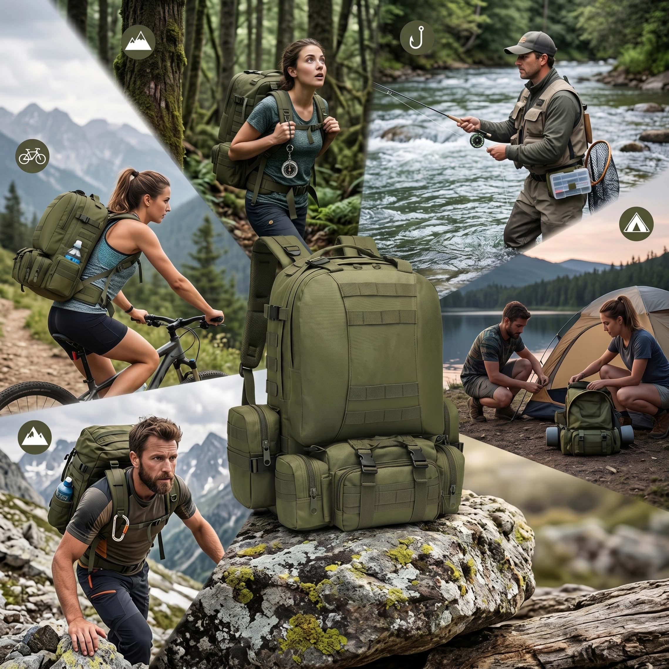 Zaino da trekking e da campeggio impermeabile espandibile da 65 litri con tasche multiple per donna e uomo, verde