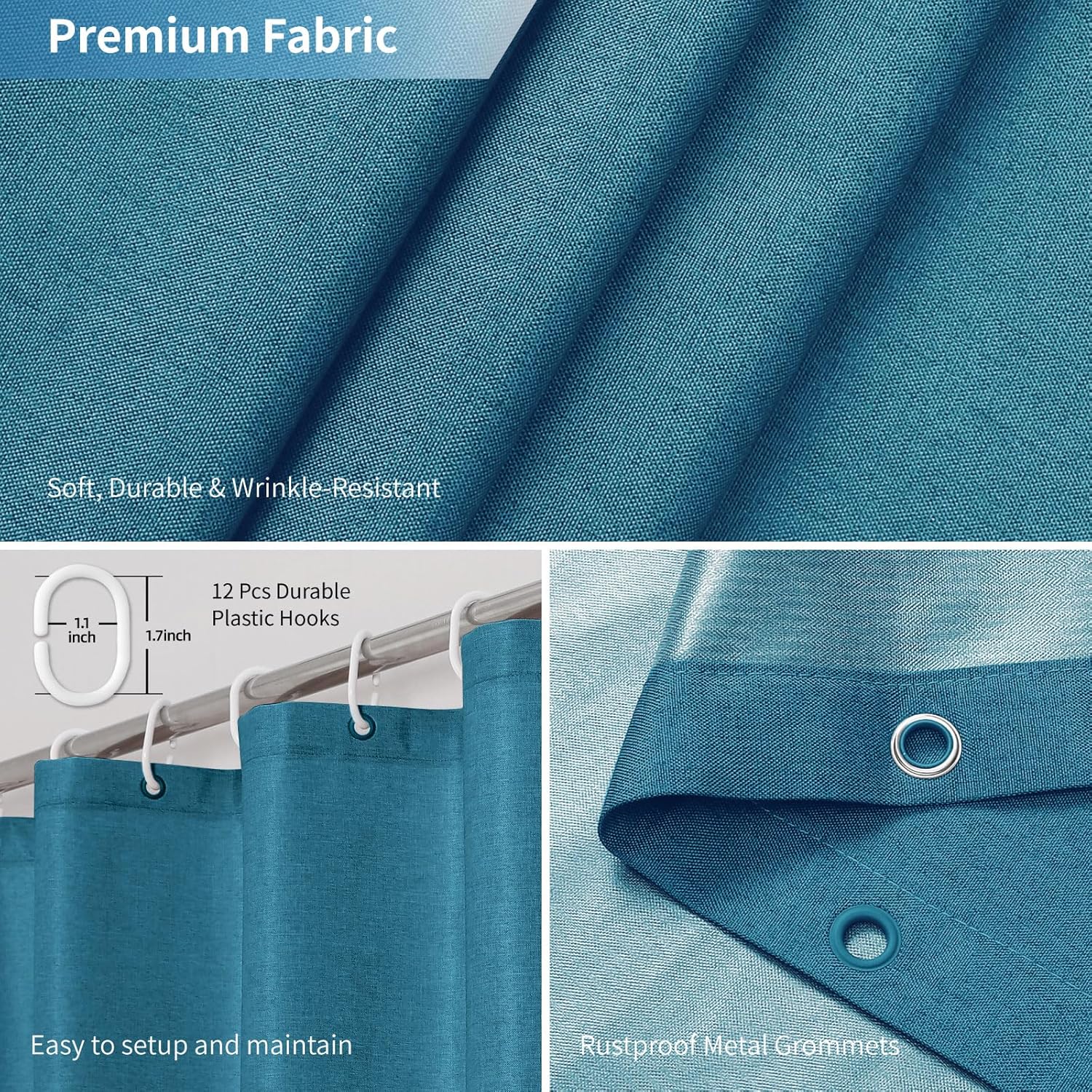 2-in-1 Waterproof Fabric Shower Curtain or Liner,Linen Textured,Breathable TPU & Washable Bathroom Shower Curtain Set with 12 Plastic Hooks,Modern,72"x72" Oceanblue