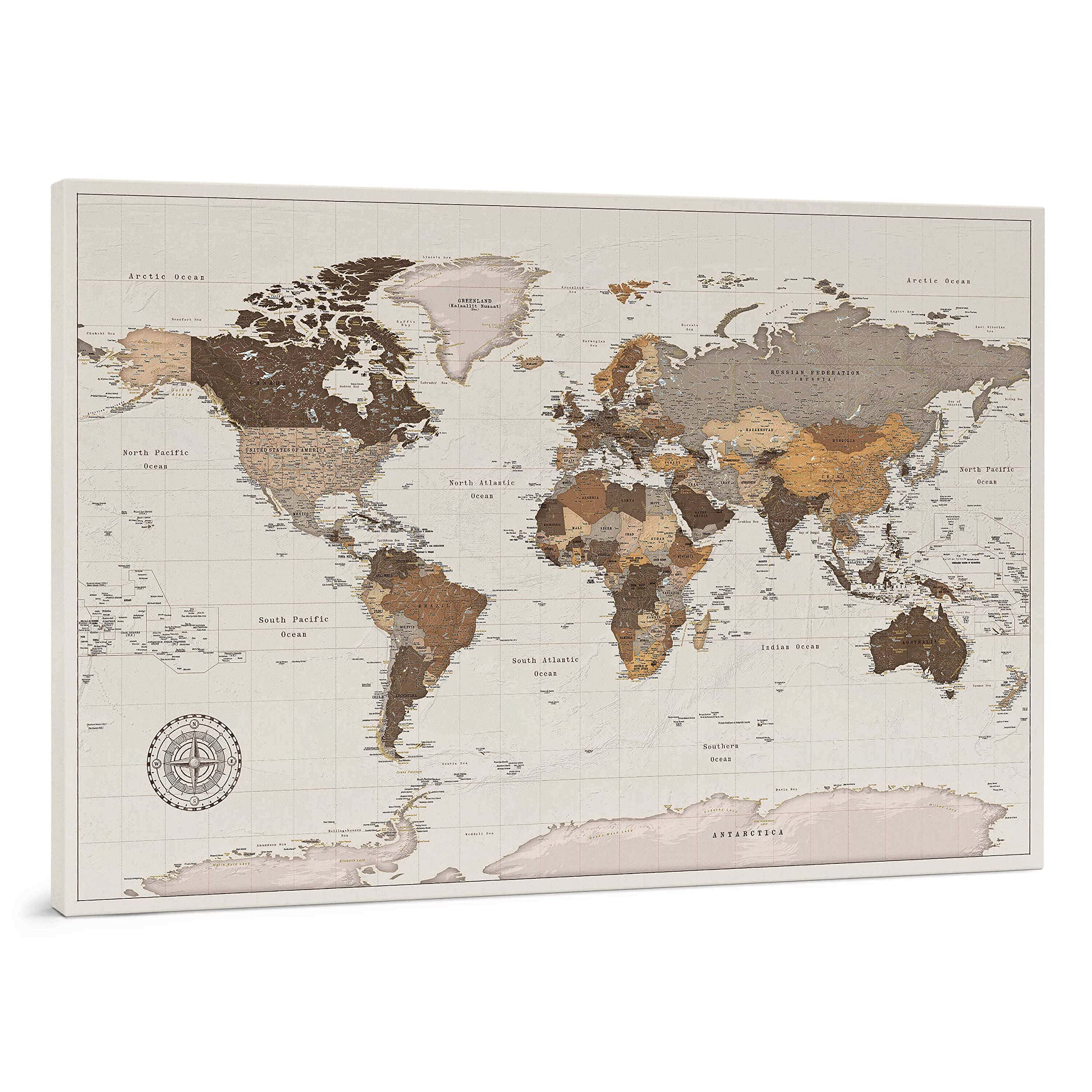 Weltkarte Leinwand - Pinnwand Karte mit Pinnadeln - Pin drücken Reisekarte - Kunstdruck auf Kork - 3 Größen zur Auswahl - Safari Poster - Hergestellt von Tripmap