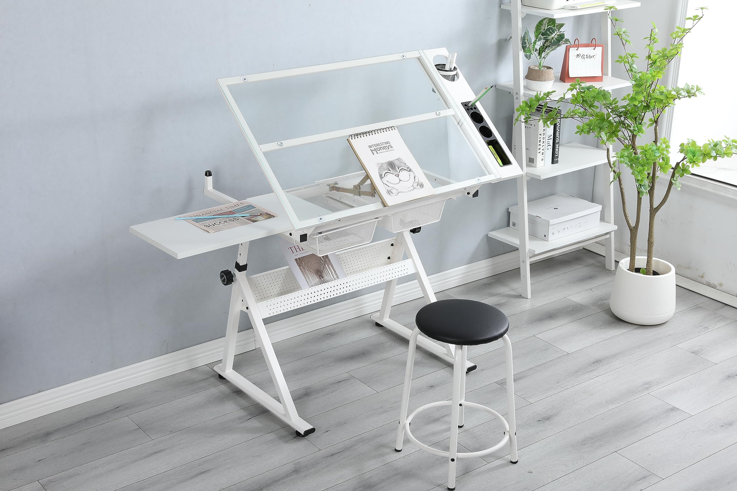 Table à Dessin réglable en Verre trempé Blanc avec Chaise, Table à Dessin Extensible, Plateau en Verre Transparent