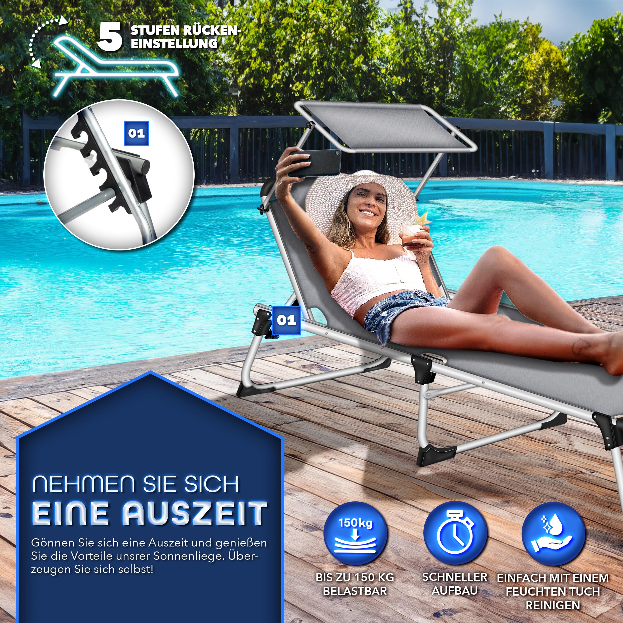 tillvex® Sonnenliege mit Dach und Kopfkissen | Gartenliege Liegestuhl klappbar | Strandliege mit Verstellbarer Rückenlehne | Aluminium Liege (Grau, Liege (Basic))