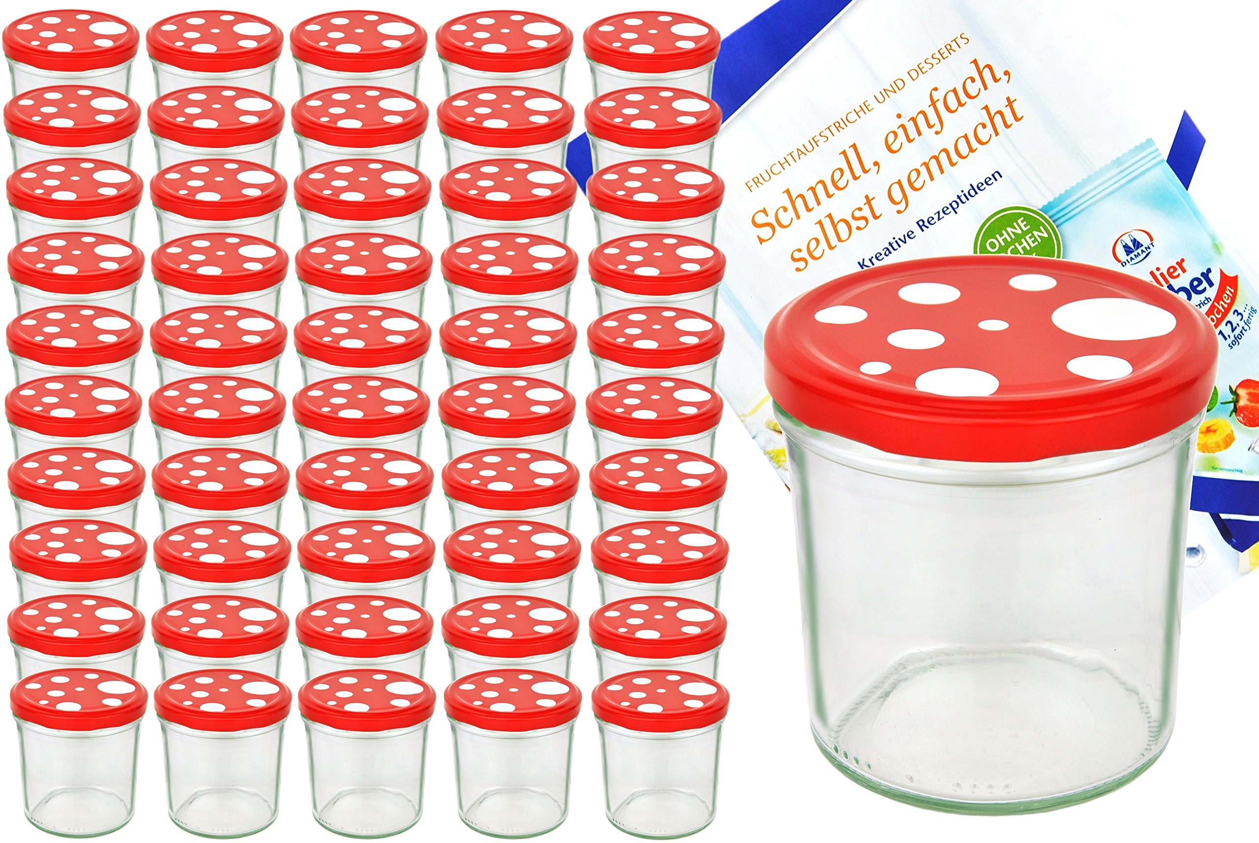 To 82 Lot de 50 bocaux en verre 350 ml champignon Couvercle Rouge à pois blanc avec livret de recettes Diamant gélifiant Magie Confiture Bocaux en verre pour conservation de confiture Couvercles dorés Capacité