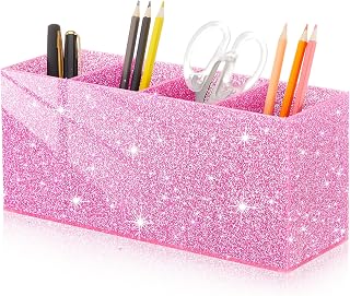 Jetec Acrylic Pen Holder for Girl Desktop, 4 Compartments, Sparkly Pink | Glitter Makeup Brush Stationery Organizer for Women, Desk Pencil Holder, Back to School Birthday Gift Workplace Office