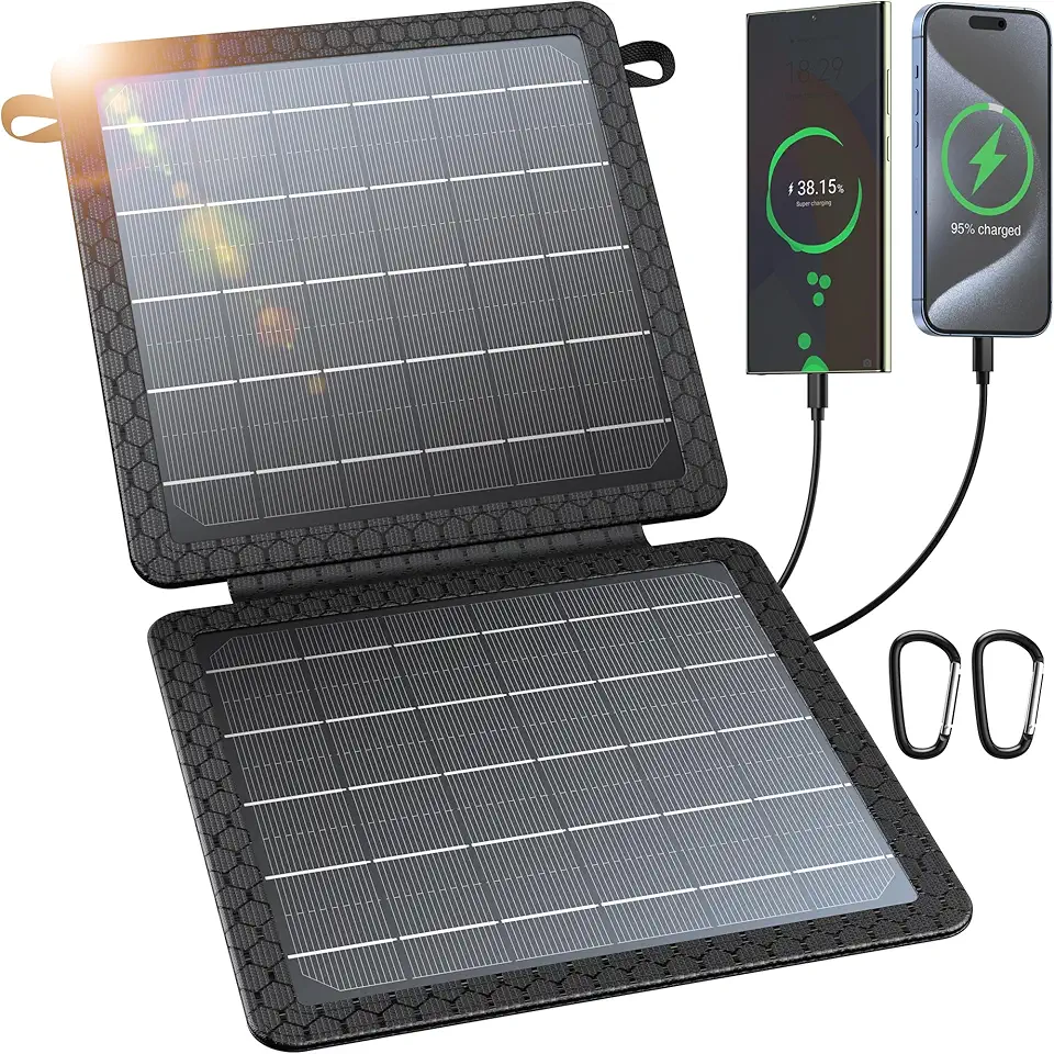 BLAVOR Carregador solar portátil de 10 W (5V/2A máx.), painel solar impermeável IP65 dobrável com saída USB inteligente dupla compatível com iPhone Xs/X/8/7, iPad, Samsung, para caminhadas ao ar livre, acampamento, mochila