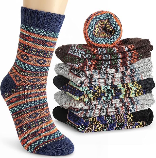 6 Pairs Mens Thermal Socks, Aiglam Winter Socks Cotton Wool Calf Socks Casual Crew Striped Pattern Warm Socks Breathable for Men and Women
