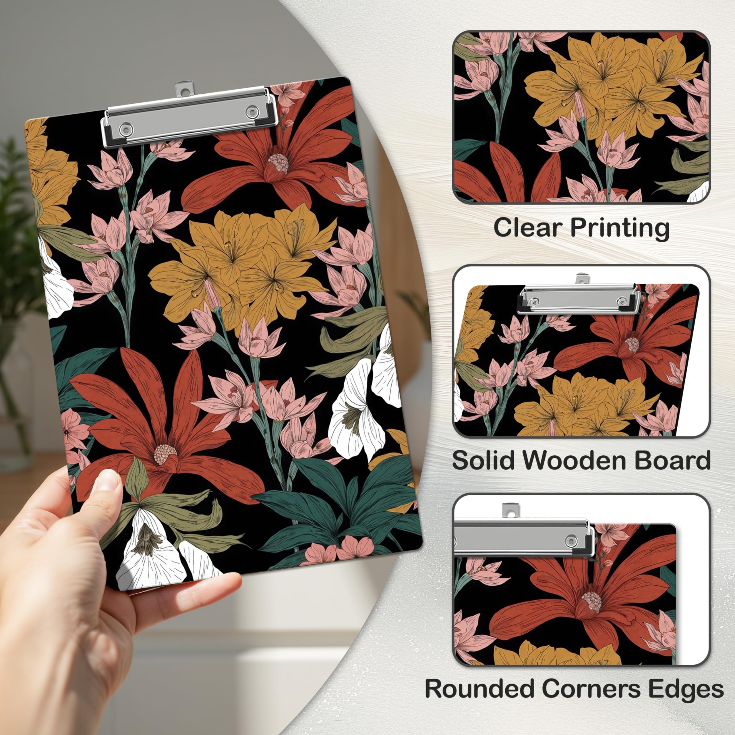 Portapapeles bohemio floral con clip de perfil bajo para uso escolar en la oficina, tableros de madera para enfermeras, profesores, estudiantes, A01