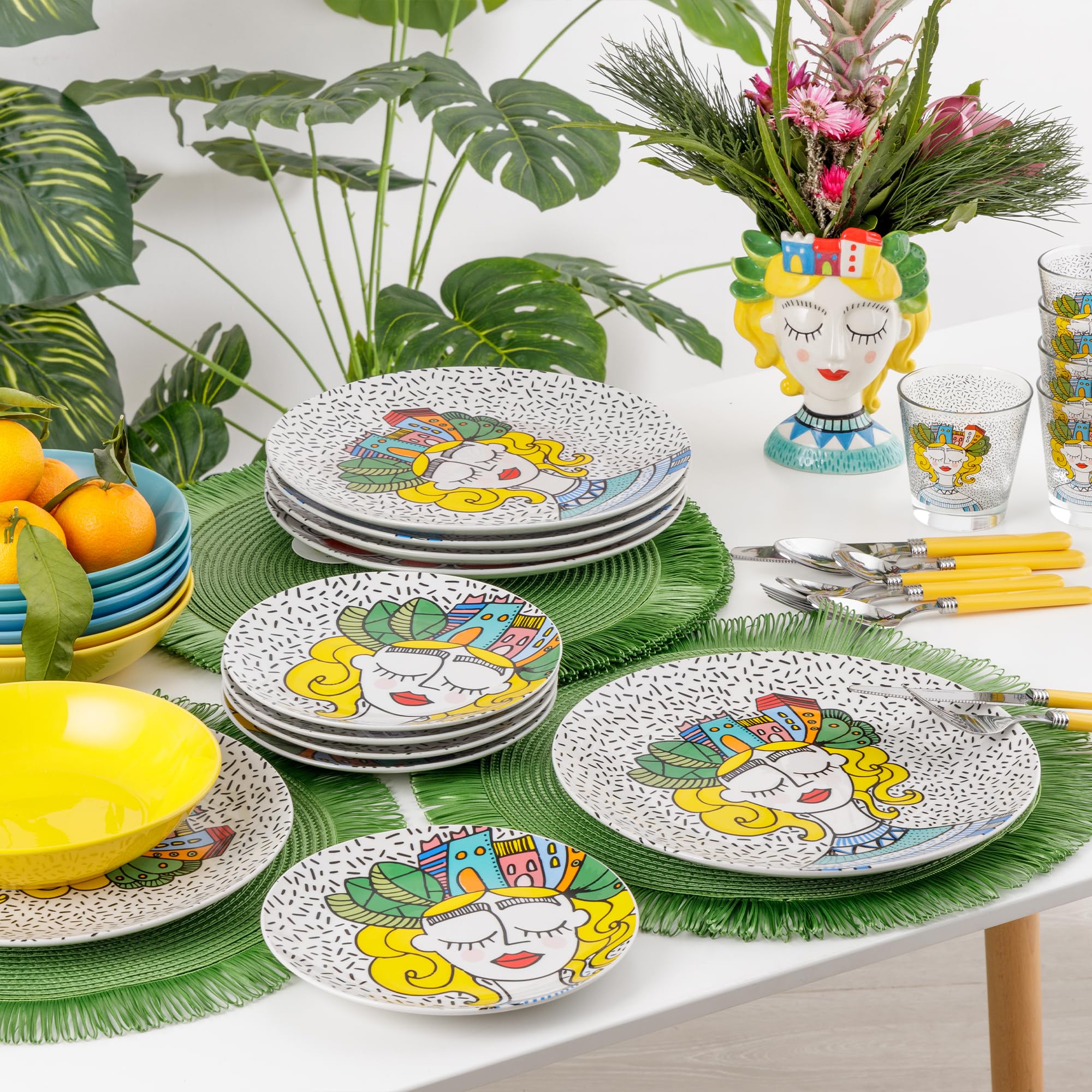 Baroni Home Juego de 18 Platos de porcelana y gres, Vajilla para 6 personas, Set Completo, Conjunto de Platos planos, hondos y platillos para postre (Fantasia City Girl)