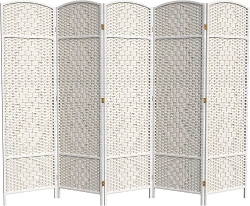 Divisor de ambiente resistente de 6 pies, pantalla de privacidad plegable de fibra de ratán con patrón de diamante, Madera, Blanco