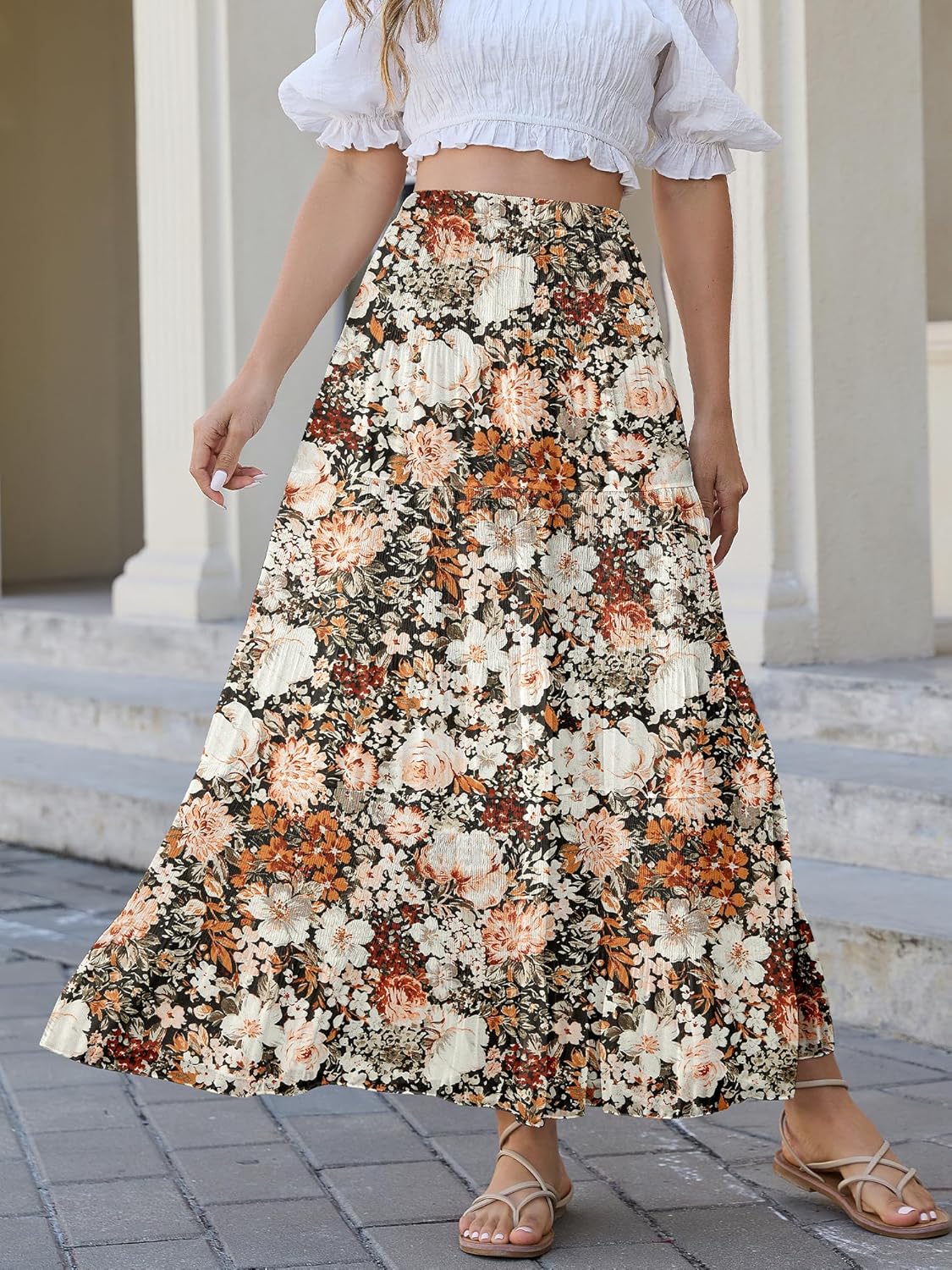 MJBGSHOW Womens Chiffon Long Skirt Elastic High Waist Floral Maxi Skirts Tiered Pleated A Line Boho Flowy Long Skirts - Image 2