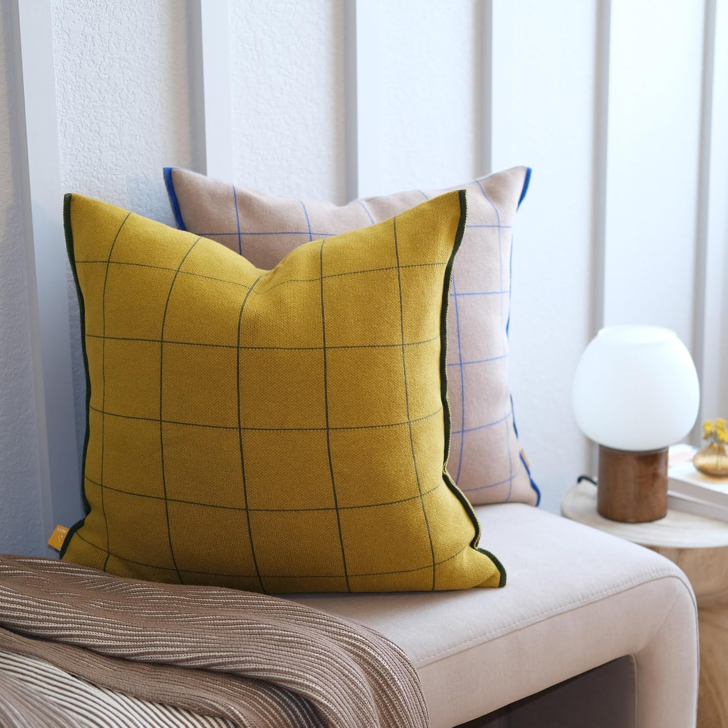 100% Soft Cotton Knitted Modern Window Pane Pillow Cover (Mustard)