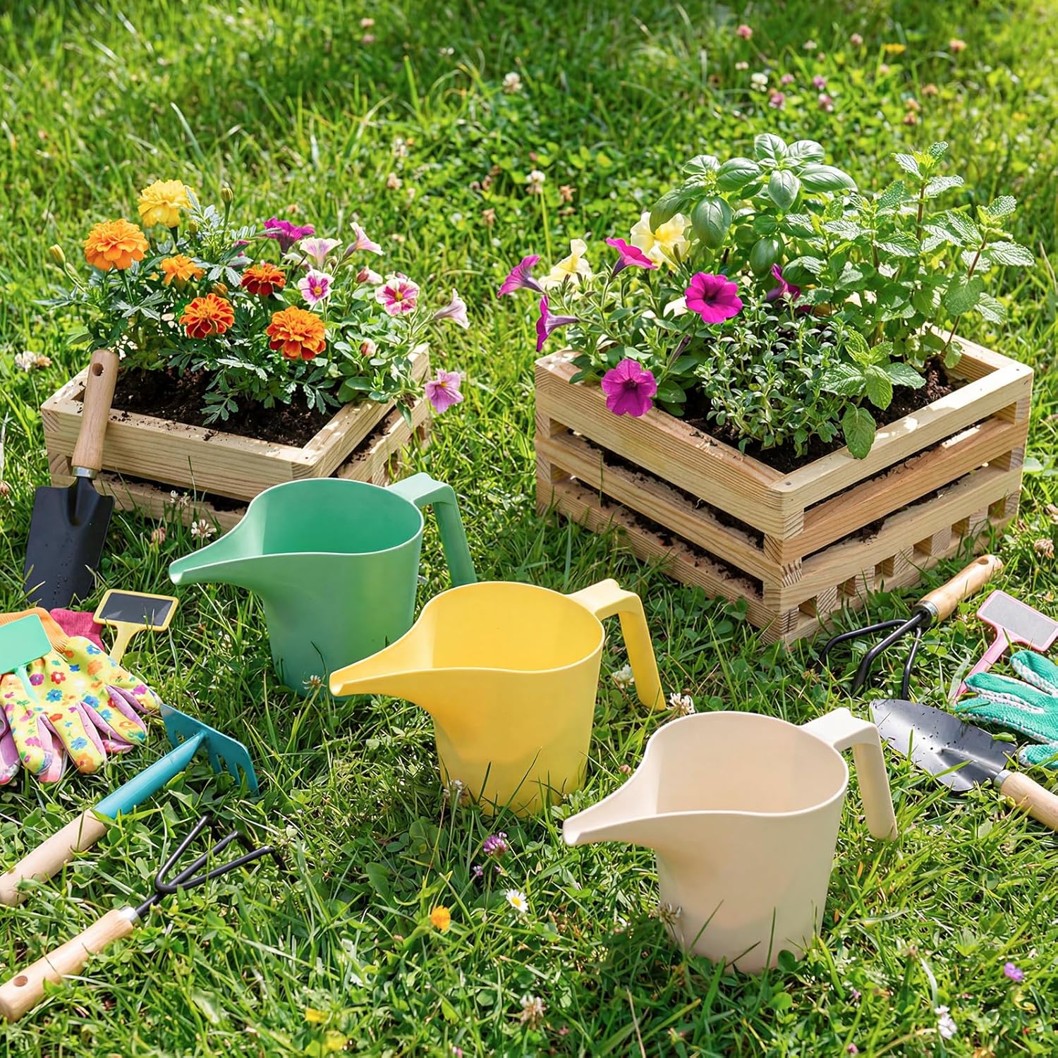 Didaey 24 Pack Plastic Watering Cans 1/4 Gallon Garden Watering Can for Outdoor Indoor Lightweight Water Container for Garden Plants 1 Liter Capacity, Yellow Green White
