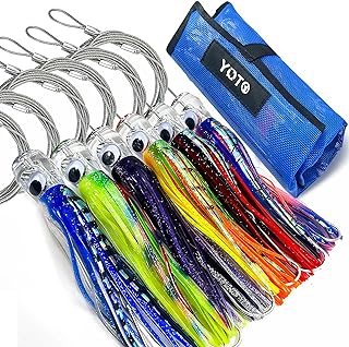 YOTO Trolling Lure Saltwater,6.5/9 inch 6 pcs Squid Skirted Deep Sea Fishing Lure kit,Tuna,Marlin,Wahoo,Shark,Mahi Trolling Fishing Lures