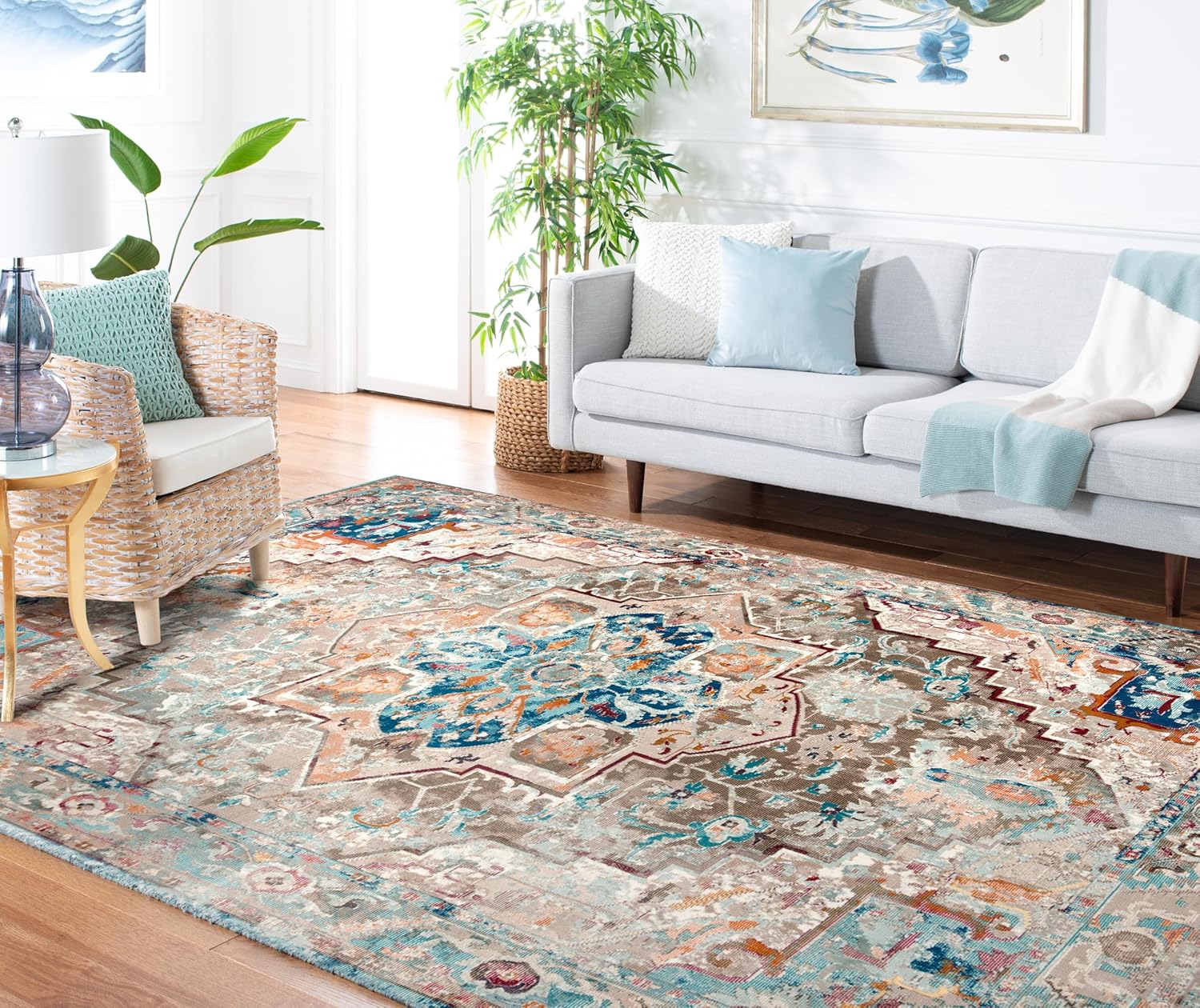 SAFAVIEH Area Rug 8x10 - Aria Collection - Large - Beige & Blue, Boho Chic Medallion Distressed Design, Non-Shedding & Easy Cleaning, Ideal for Living Room, Bedroom, Office, Dining Space (ARA119E)