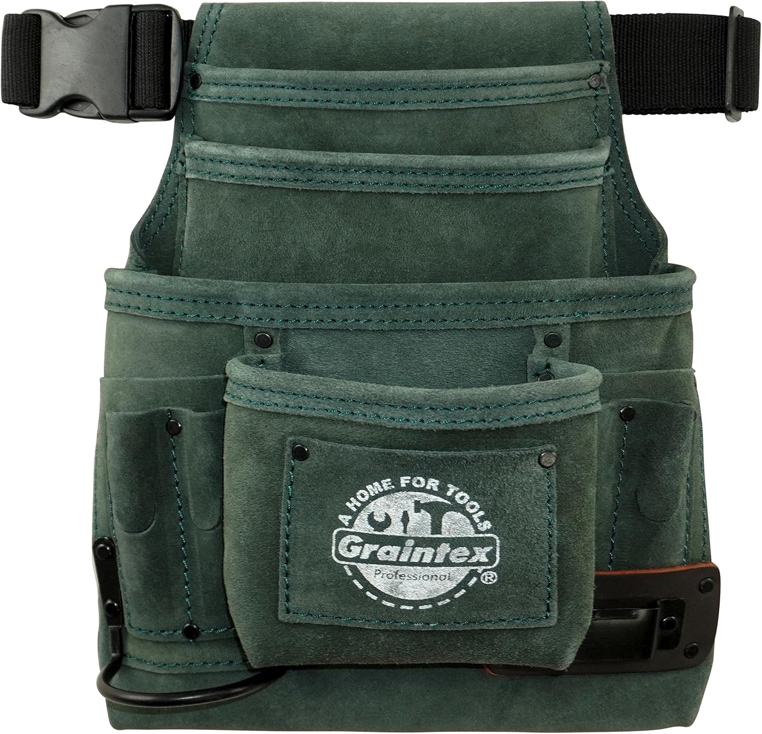 Graintex SS2466 :: 10 Pocket Nail & Tool Pouch Hunter Green Color Suede Leather with 2” Webbing Belt for Constructors, Electricians, Plumbers, Handymen