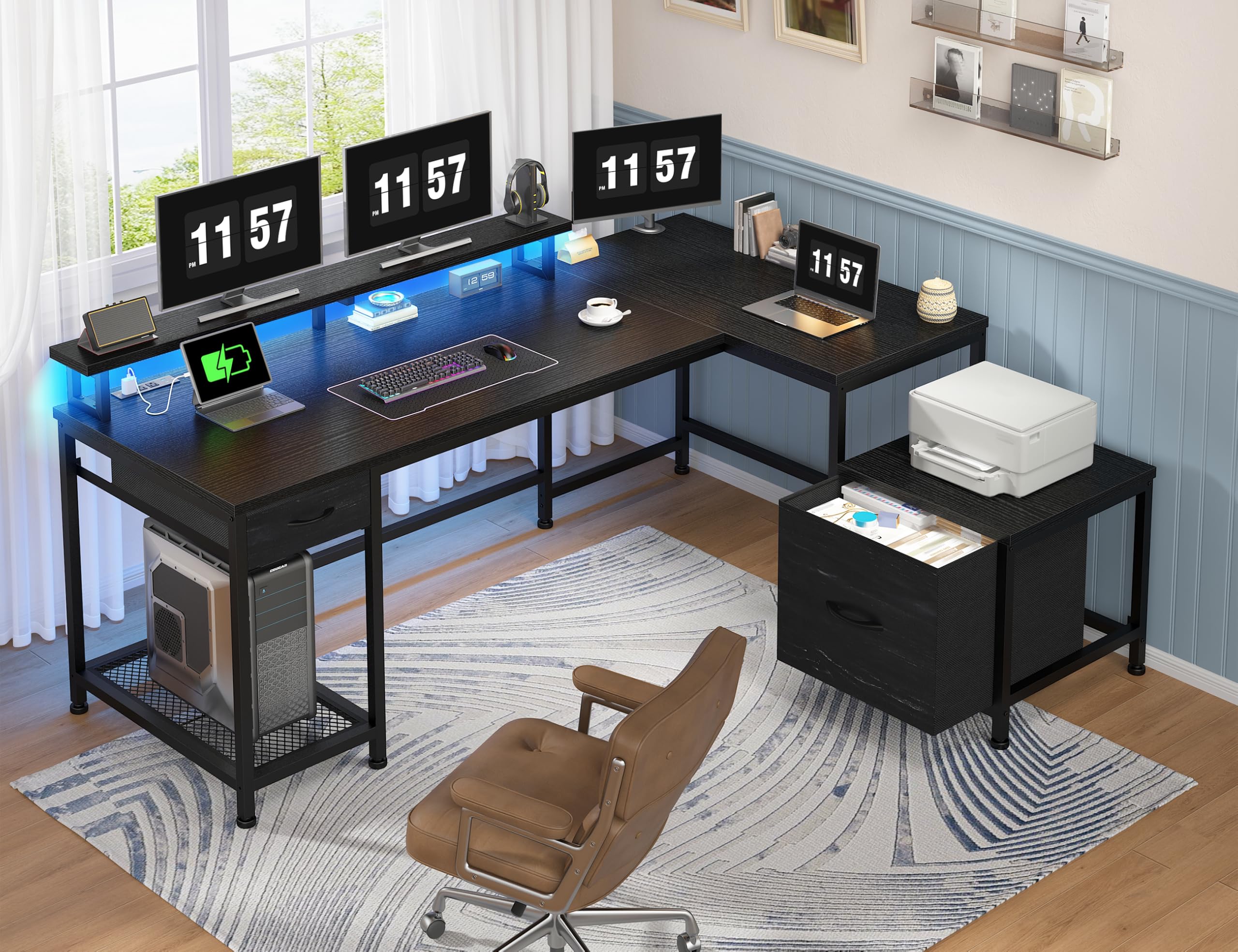 DurayLoly 63''L Shaped Gaming Desk with LED Lights, Home Office Desks with Power Outlets, Computer Desk with Drawers & Monitor Shelf for Home Office,