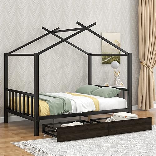 Full Size House Bed for Kids, Metal Cabin Bed Frame with Storage Drawers, Montessori Playhouse Platform Beds for Boys Girls, No Box Spring Needed, Black