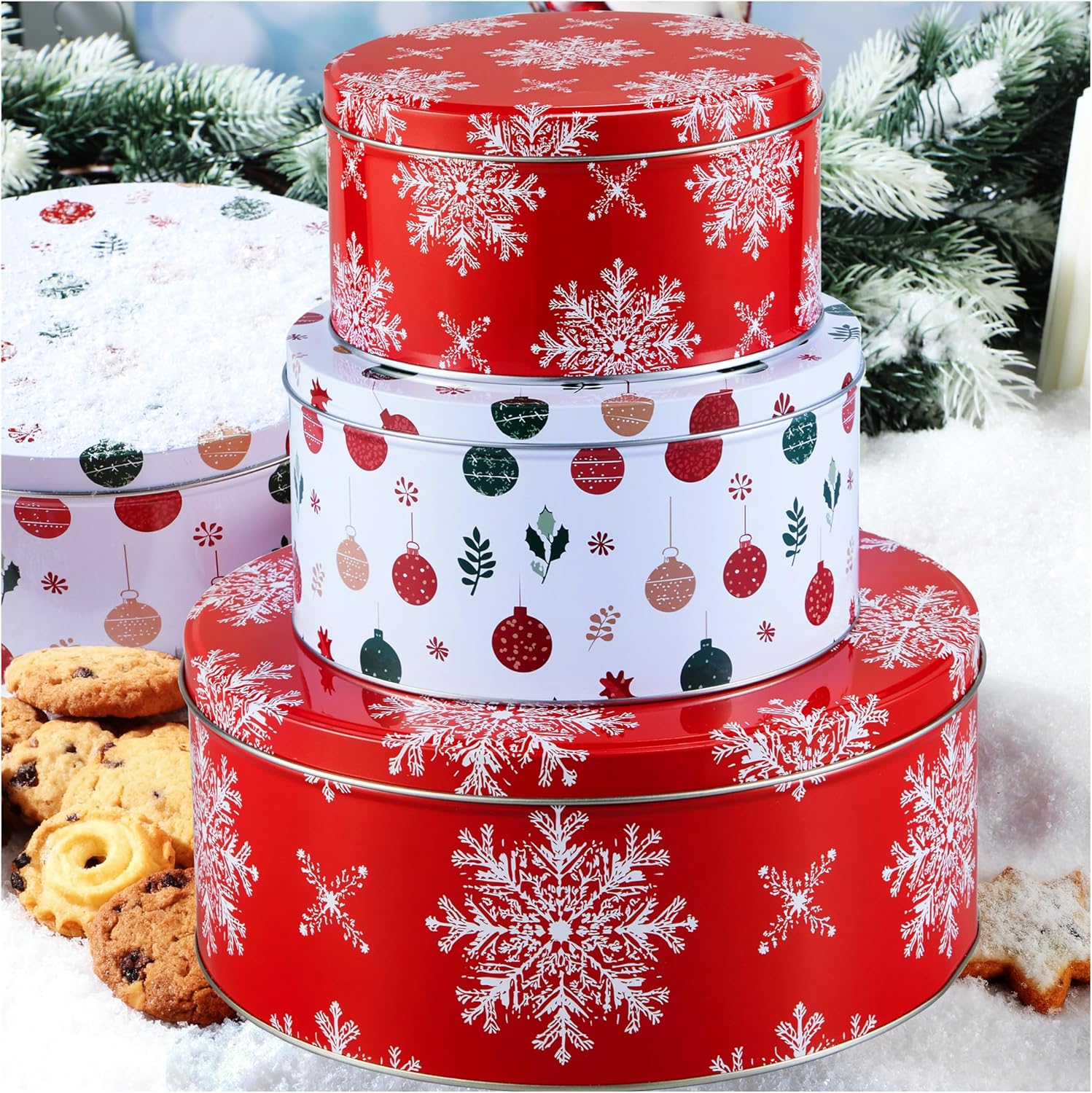 JOYIN 3PCS Christmas Cookie Tins with Lids for Gift Giving, Sturdy Holiday Baking Treat Metal Tins for Presents Wrapping, 3 Different Size Xmas Jars for Gift Giving, Party Food Dessert Containers
