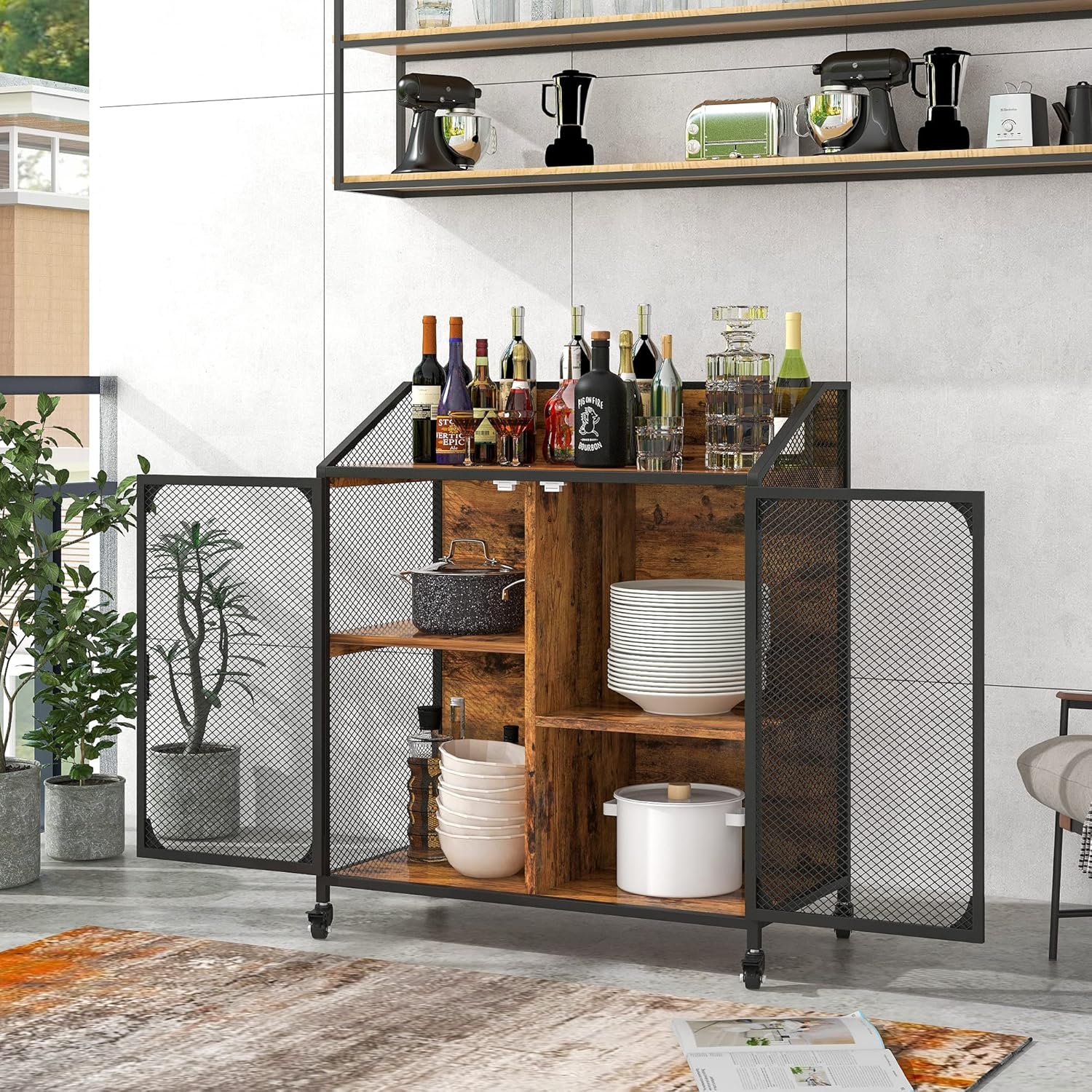 Goujxcy Kitchen Island on Wheels with Storage, Rolling Kitchen Island Cart with Drawers and Cabinets, Kitchen Cart, Lockable Casters, Adjustable Shelves (A1-Dark Brown2)