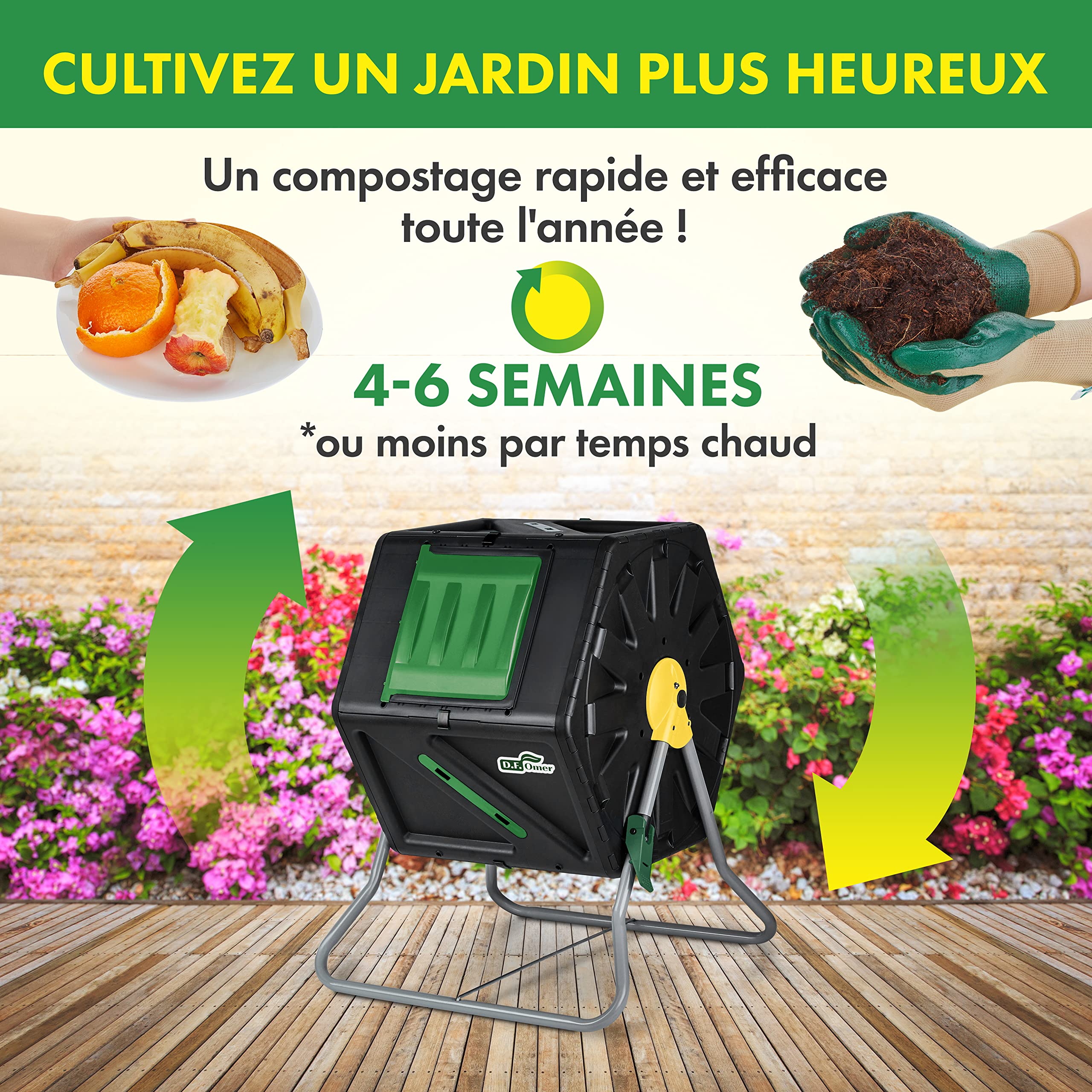 Composteur de Jardin à Chambre Unique DF OMER pour Le Jardinage en Plein Air - Grand Volume, Conception Compacte, Capacité De 105 litres - Composteur Rotatif Roulant Résistant