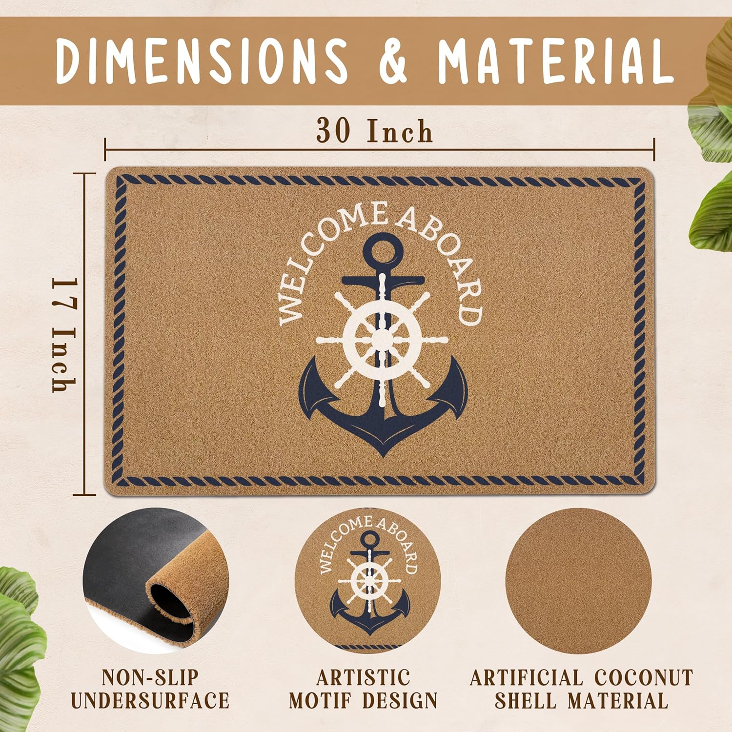 Nautical Boat Anchor Door Mat, Boat Nautical Anchor Front Door Mat Outside Entrance, Welcome Aboard Artificial Coir Doormat Rugs for Indoor Outdoor Entryway Patio Porch, 17x30 Inch